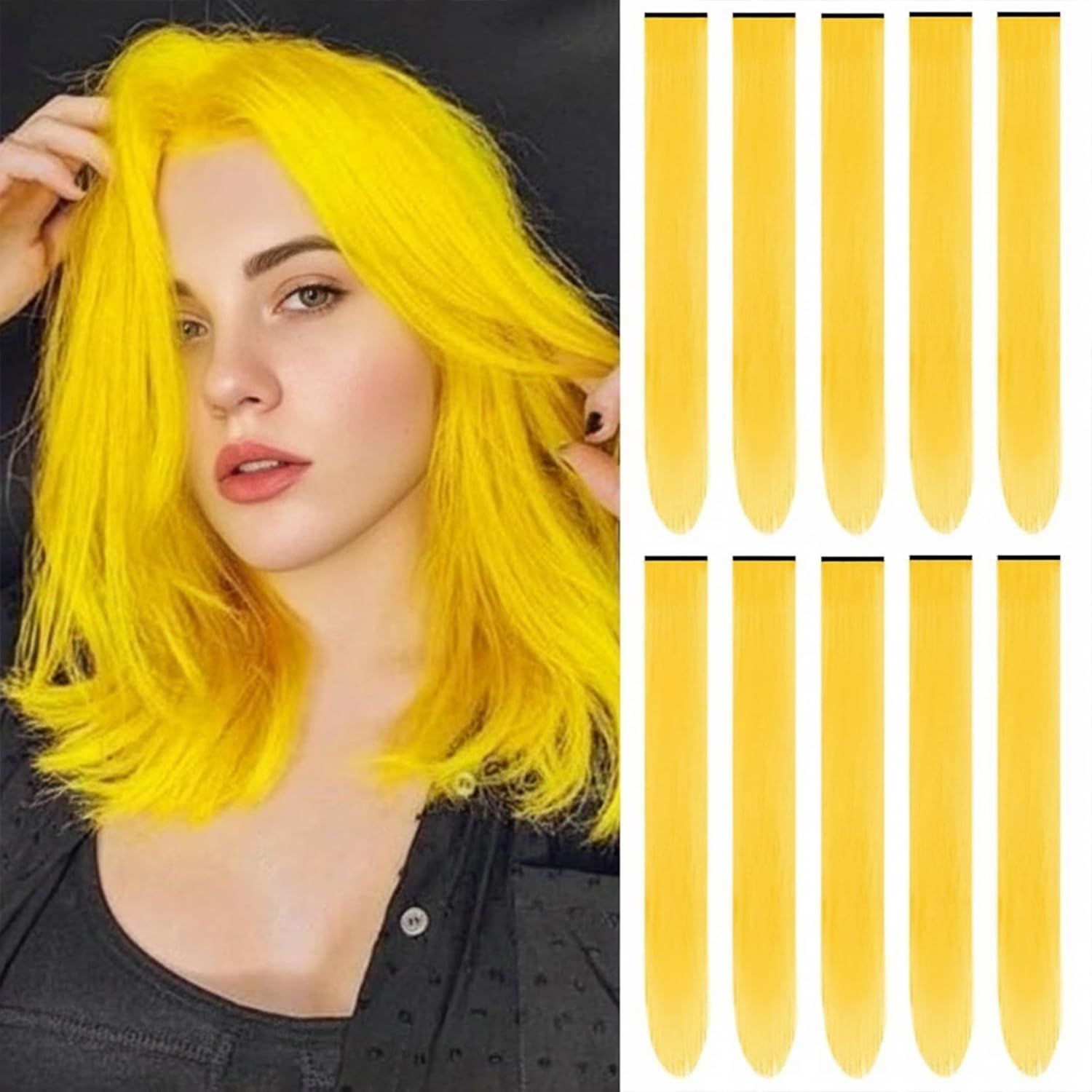 22 inch Colored Hair Extensions,Colorful Clip in Long Straight Synthetic Hair Extensions,Color Party Highlights Hairpieces for Women Girls Cosplay Styling(10 PCS Black)