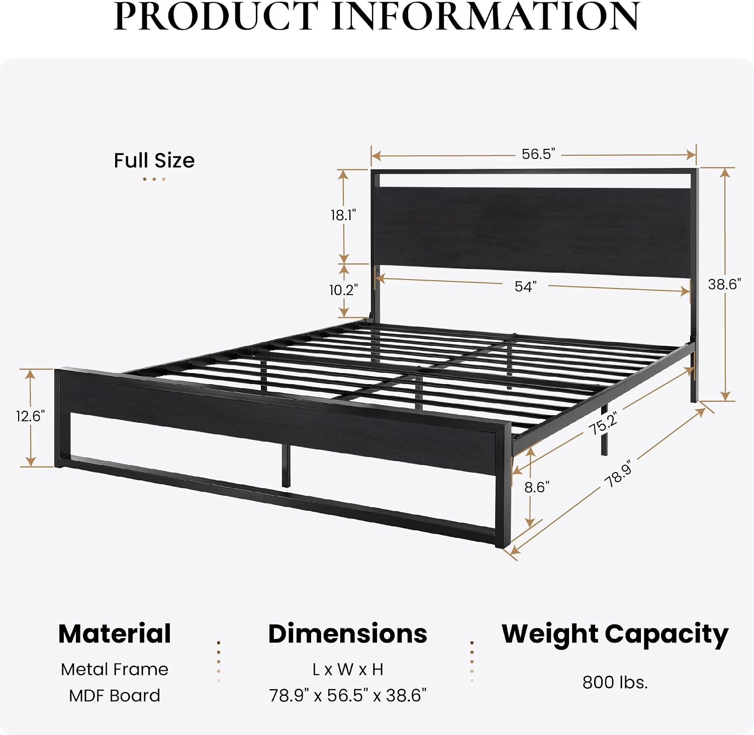 SHA CERLIN Full Size Bed Frame with Wooden Headboard,Heavy Duty Metal Slats Support Platform,No Box Spring Needed,Modern Black