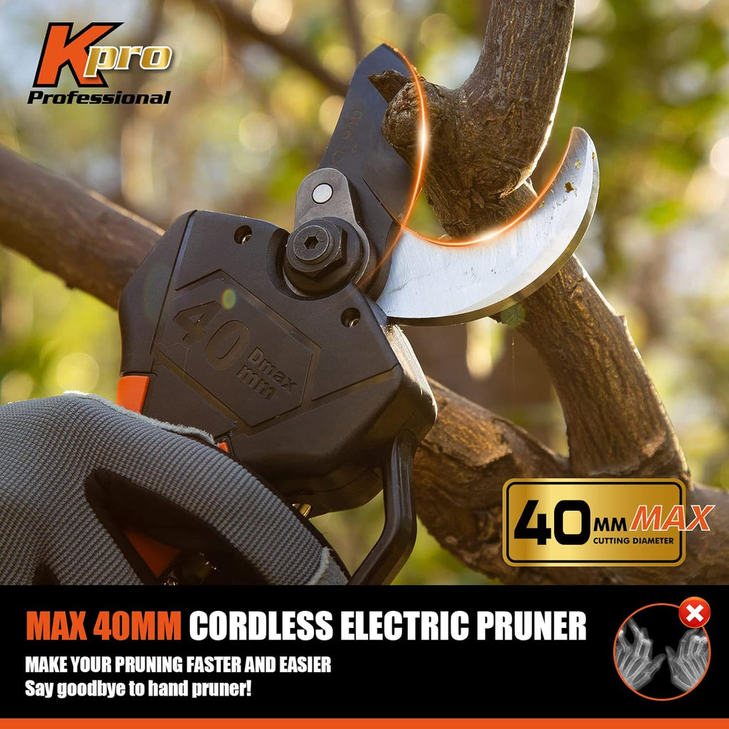Cordless Electric Pruning Shears 40MM, Kebtek Professional Pruning Shears Battery Powered 21V Brushless Motor 2Pack 2AH Rechargeable Battery-LCD Display Screen (KT940)
