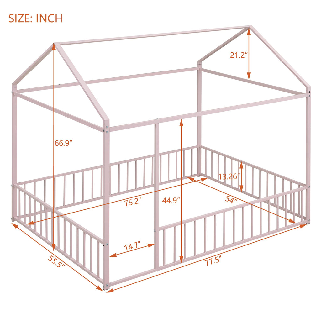 Bellemave Twin Size Montessori Floor Bed, Metal House Bed Framefor Kids, Montessori Floor Beds with Fence, Playhouse for Kids,Black