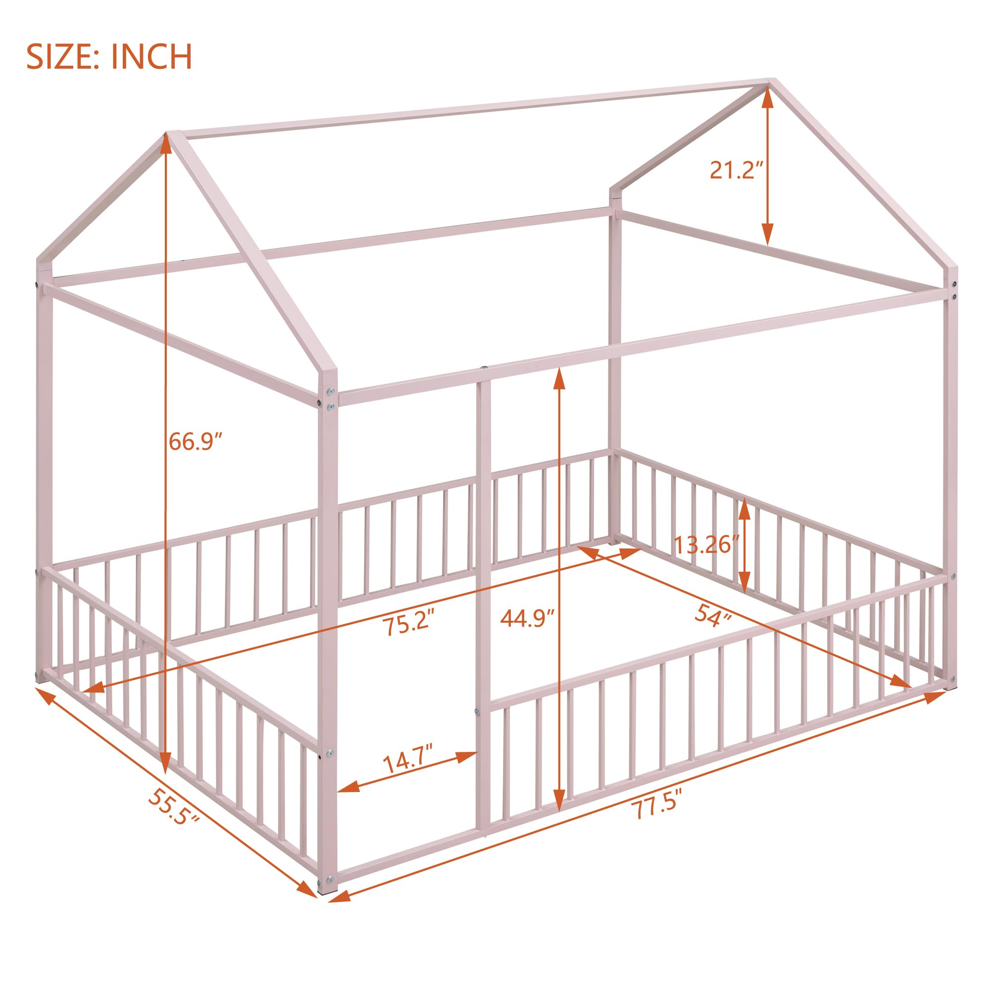 Bellemave Twin Size Montessori Floor Bed, Metal House Bed Framefor Kids, Montessori Floor Beds with Fence, Playhouse for Kids,Black