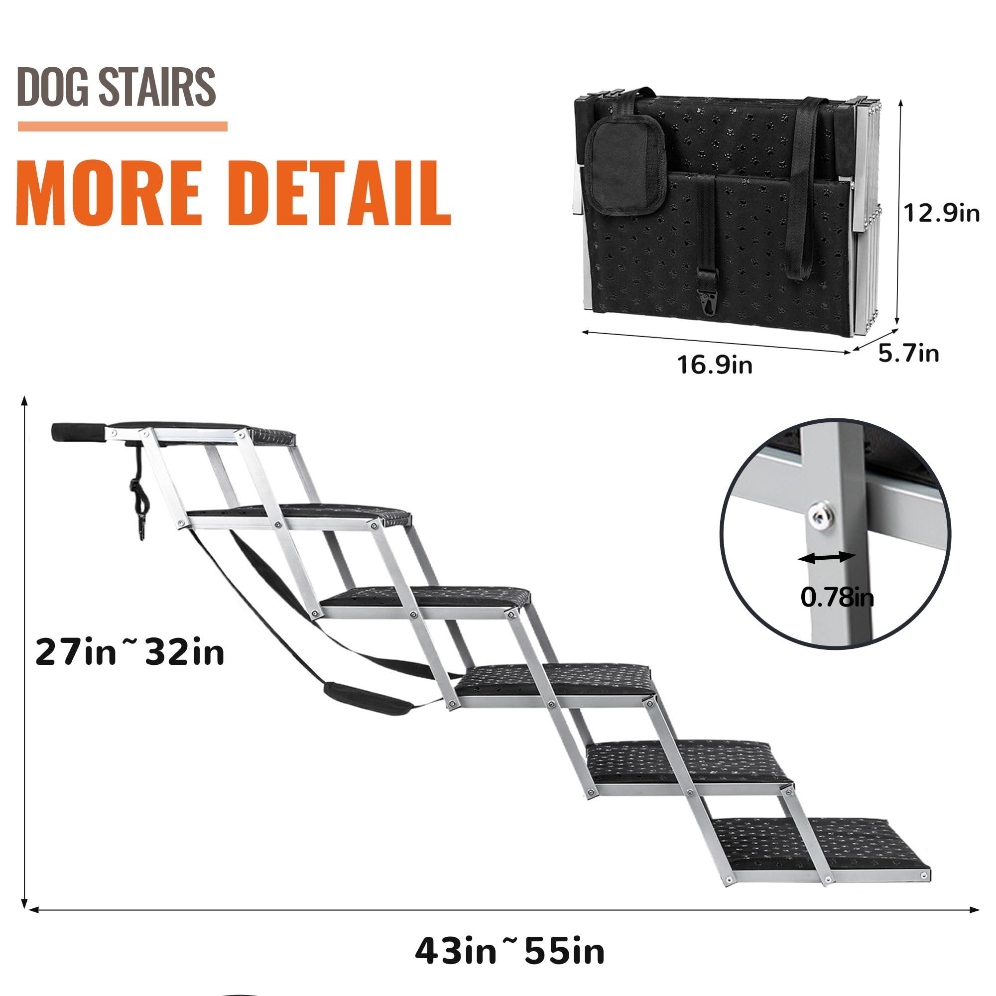 Dog Stairs for Car - Foldable Dog Ramps for Large Dogs with Non Slip Surface, Portable Dog Steps for Cars and SUV, Truck, Support Up to 200 Lbs