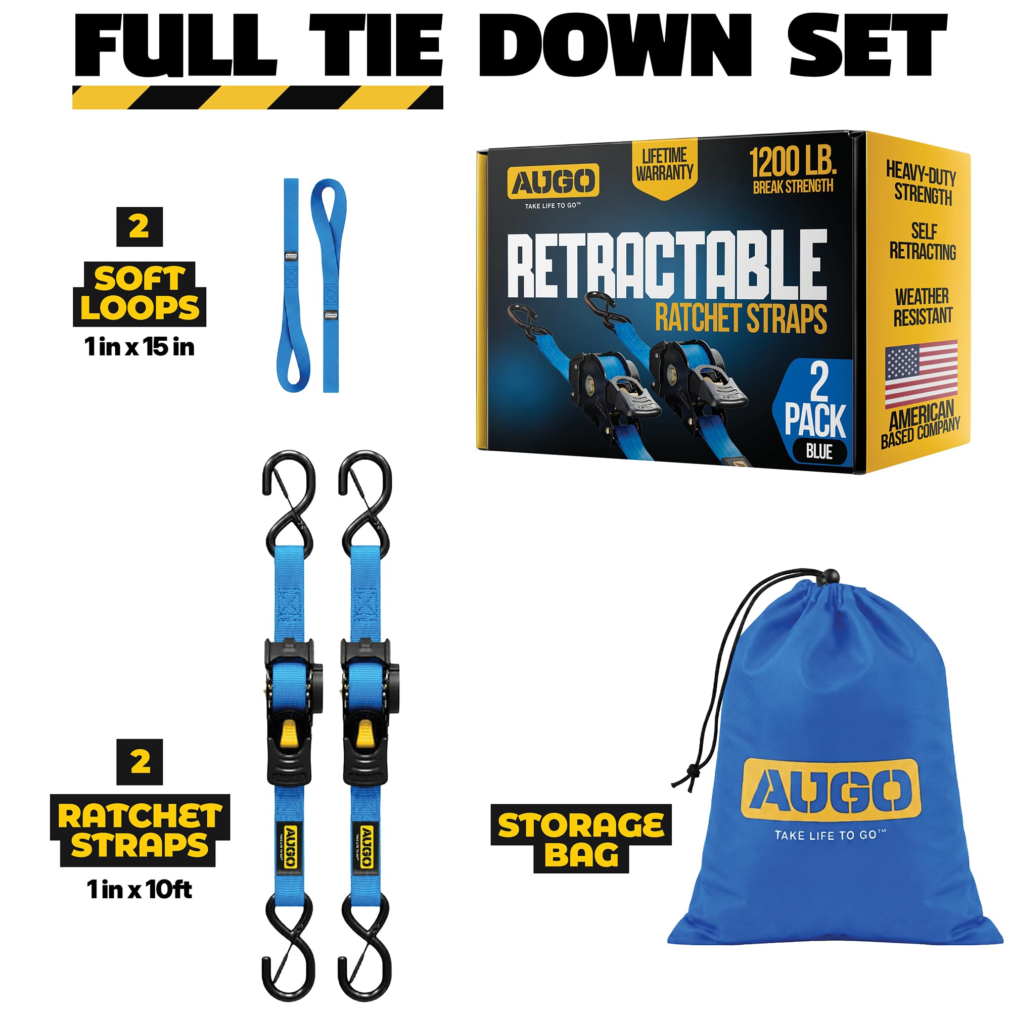 AUGO Retractable Ratchet Straps | 2 Heavy Duty Ratchet Straps Self Retractable Tie Downs with Soft Loops & Storage Bag for Motorcycle, Truck, Trailer, Cargo Van | 1200 Lb Break Strength 1” x 10’