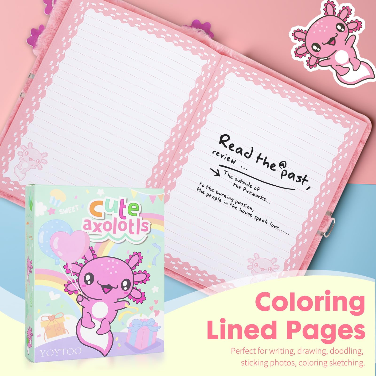 Axolotl Diary for Girls with Lock, Plush Axolotl Toys Gift for Teen Girls, Kids Writing Journal Notebook, Birthday Gifts for Little Girls Ages 5 6 7 8 9 10-12 Year Old