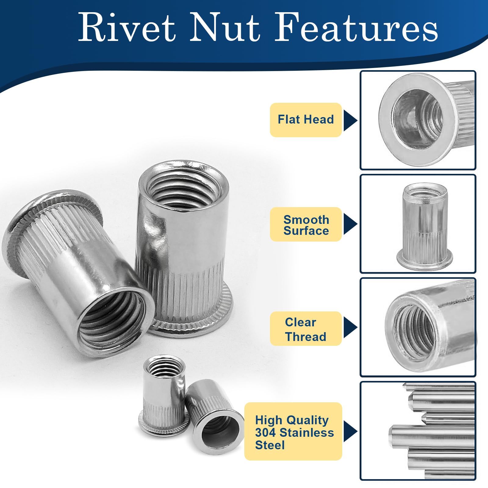 1/2''-13 UNC Rivet Nut, 10Pcs 304 Stainless Steel Flat Head Rivnut Threaded Insert Nutsert