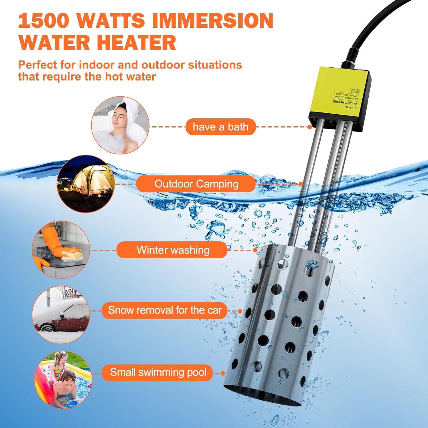 1500W Bucket Heater, Rust Proof Built in Temperature Controller Immersion Water Heater, Heats 5 Gallons of Water in Minutes with Auto Shutoff, for Home Outdoor Camping and Winter Job