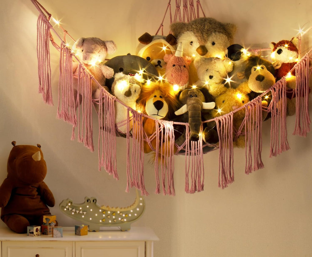 Stuffed Animal Hammock Corner with LED Light - Toy Storage Hammock Plushie Net Large - Cute Stuff Animals Holder Hanging Organizer - Baby Room Decor Kids Toddler Nursery Bedroom Boho