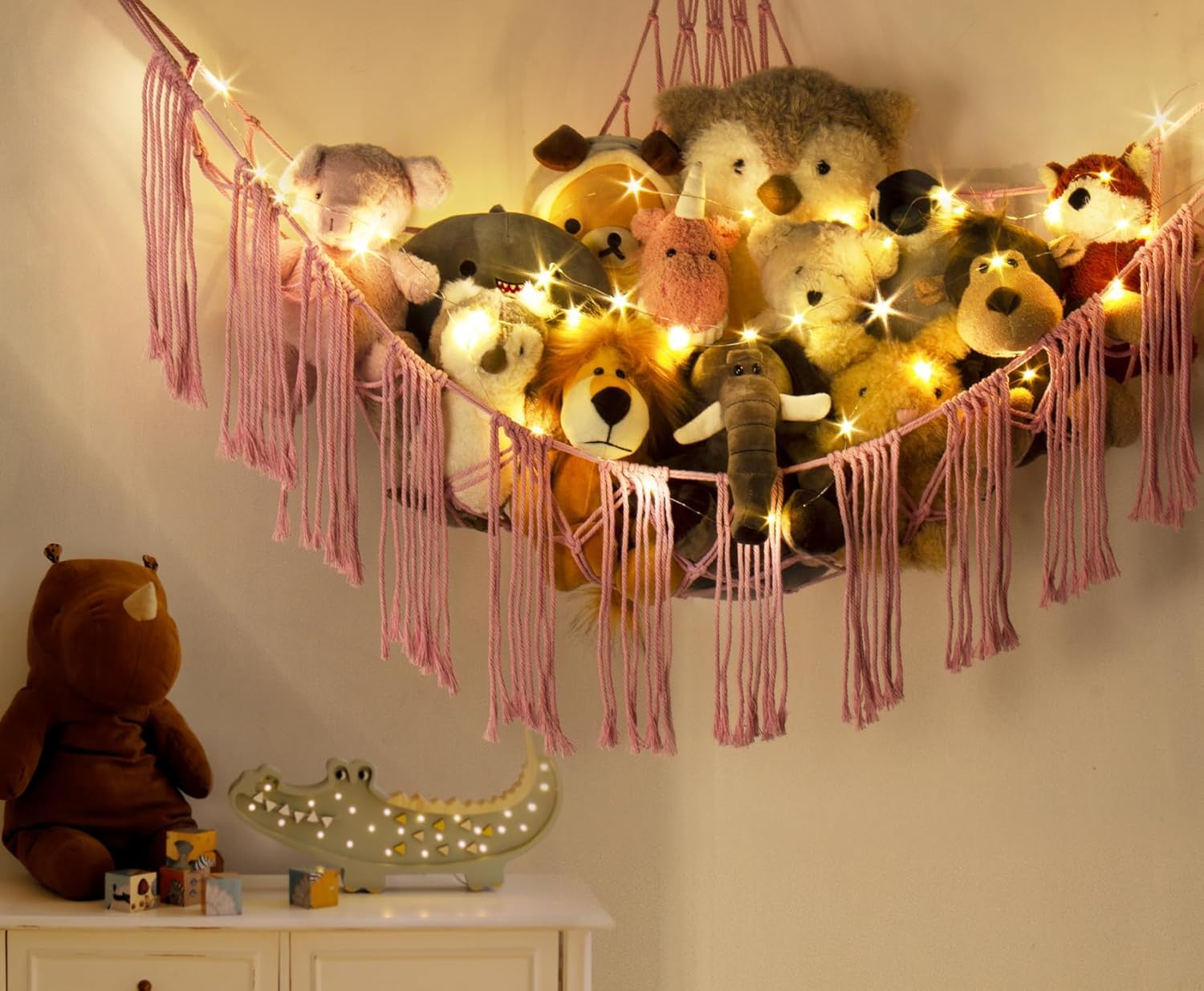 Stuffed Animal Hammock Corner with LED Light - Toy Storage Hammock Plushie Net Large - Cute Stuff Animals Holder Hanging Organizer - Baby Room Decor Kids Toddler Nursery Bedroom Boho