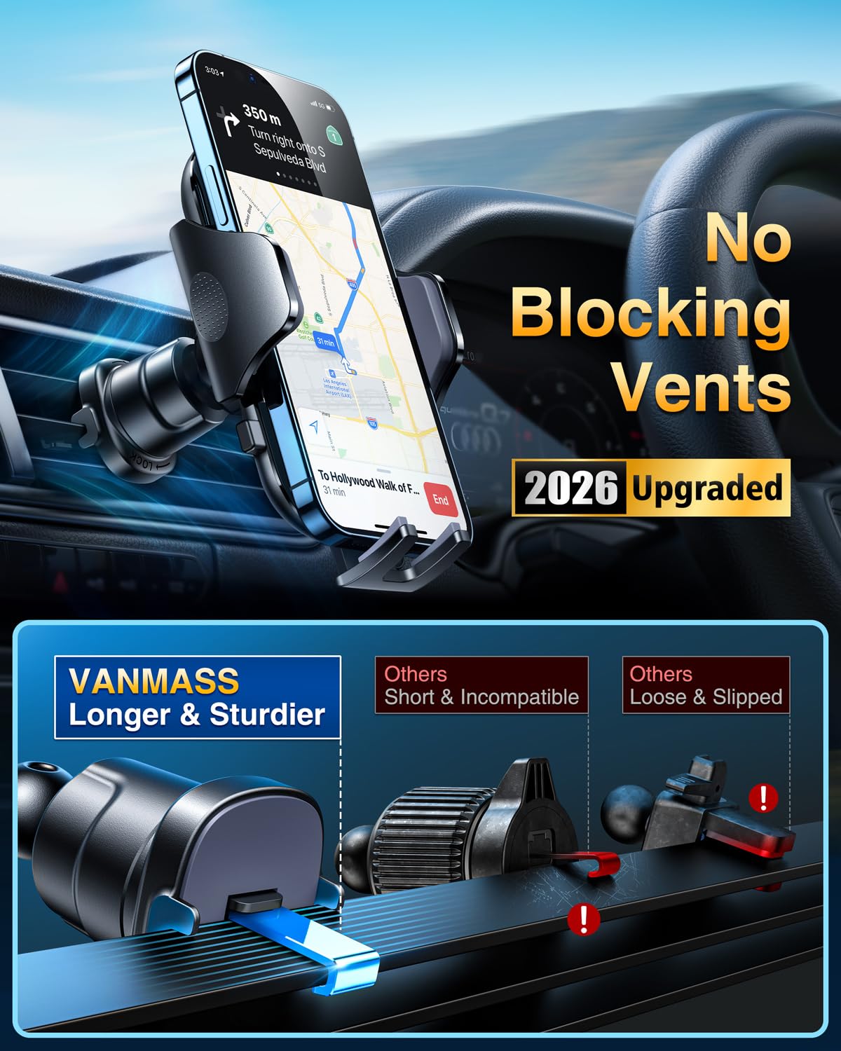 VANMASS [True Military-Grade] Car Phone Holder [Best Suction & Clip] Cell Phone Mount for Dashboard Windshield Vent Truck Cradle Dash Stand for iPhone 15 Pro Max 14 13 12 Android, Blue