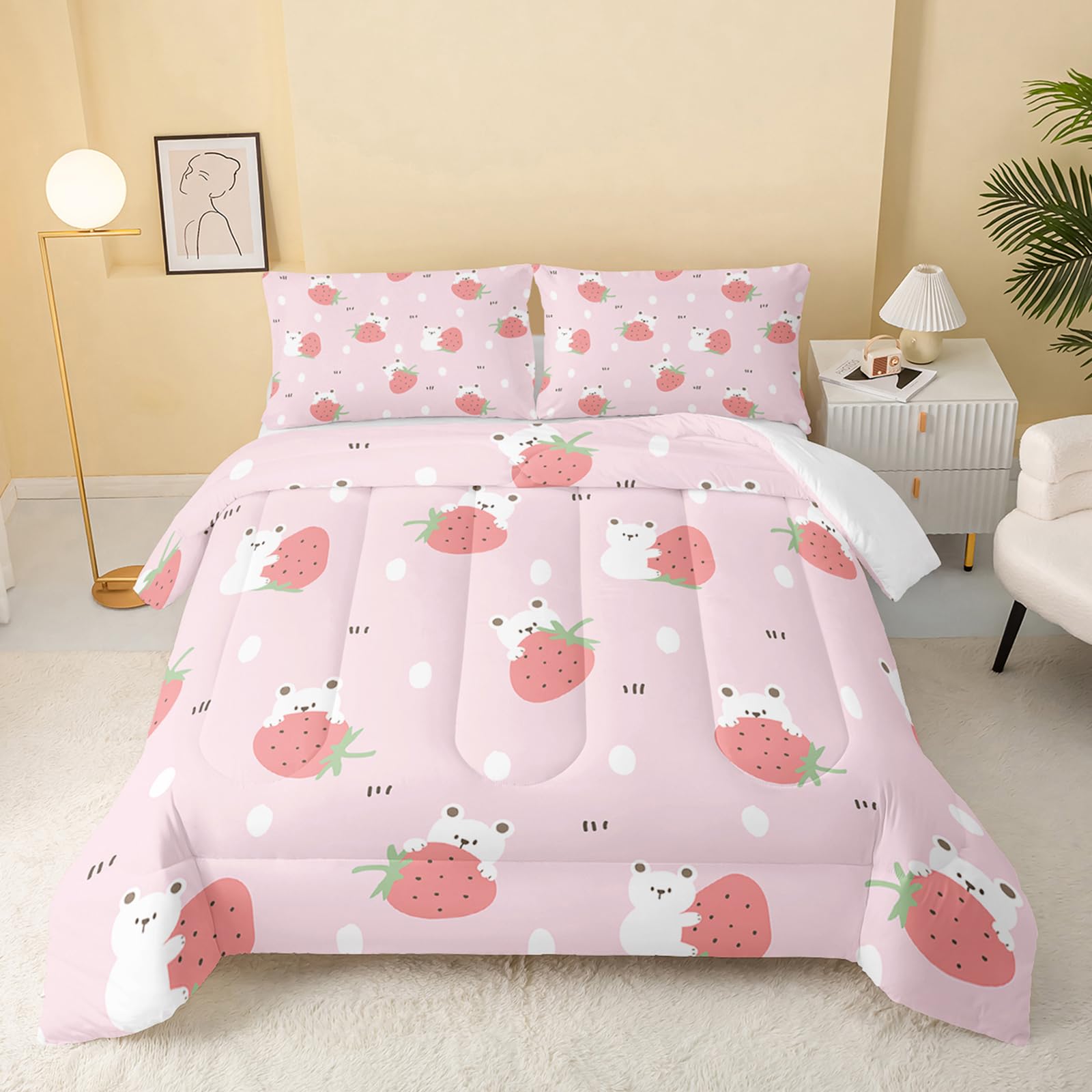 QOOMO Floral Cat Comforter Twin Size,Pink Cat Bedding Set for Kids Teens Girls,3Pcs Bedding Set Printed Comforter with 2 Pillowcases,Down Alternative,Soft and Lightweight(Pink，Twin Size)