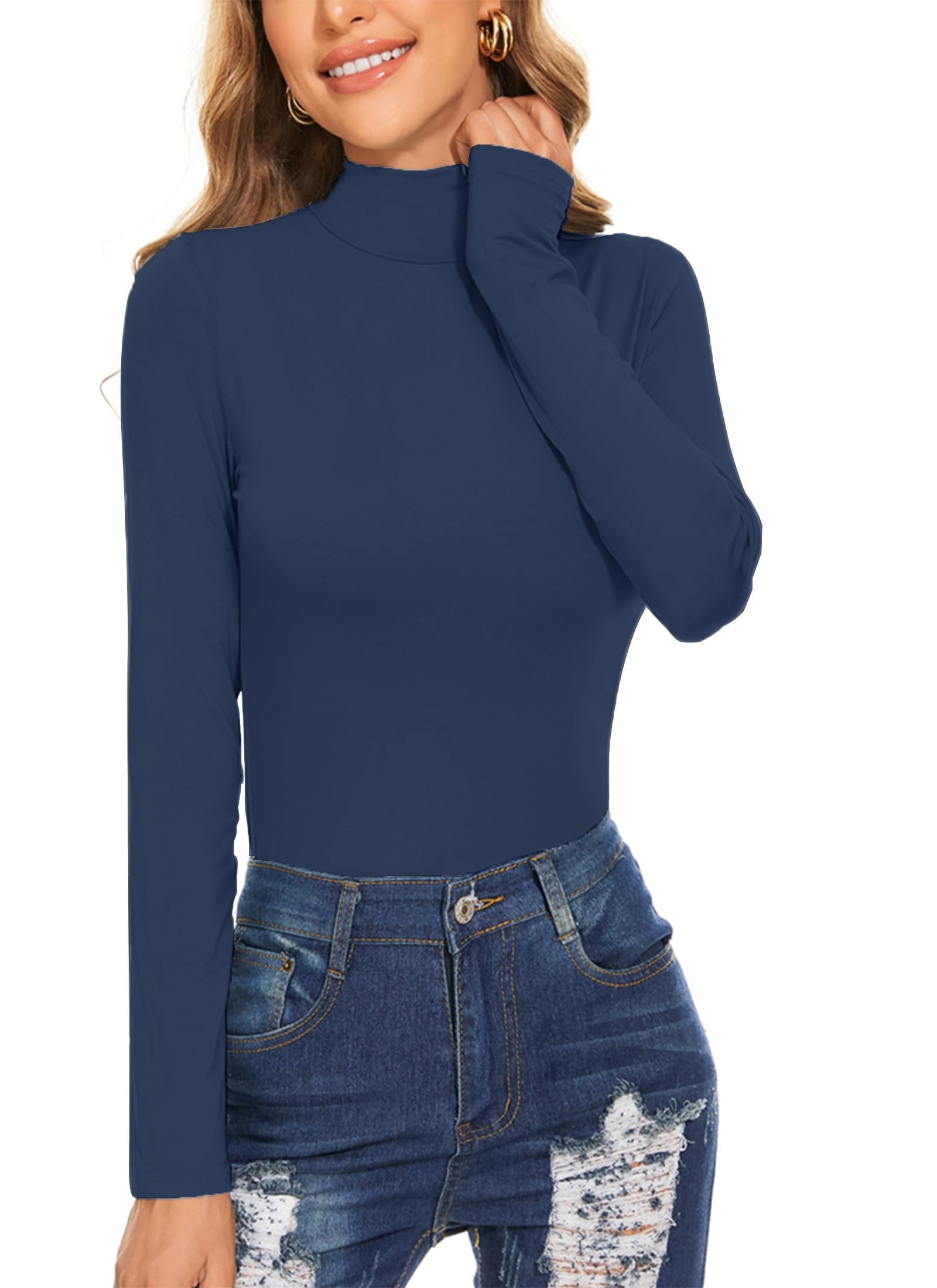 Women's Long Sleeve Mock Turtleneck Tops Casual Slim Fitted Lightweight Under Layer Pullover Shirts