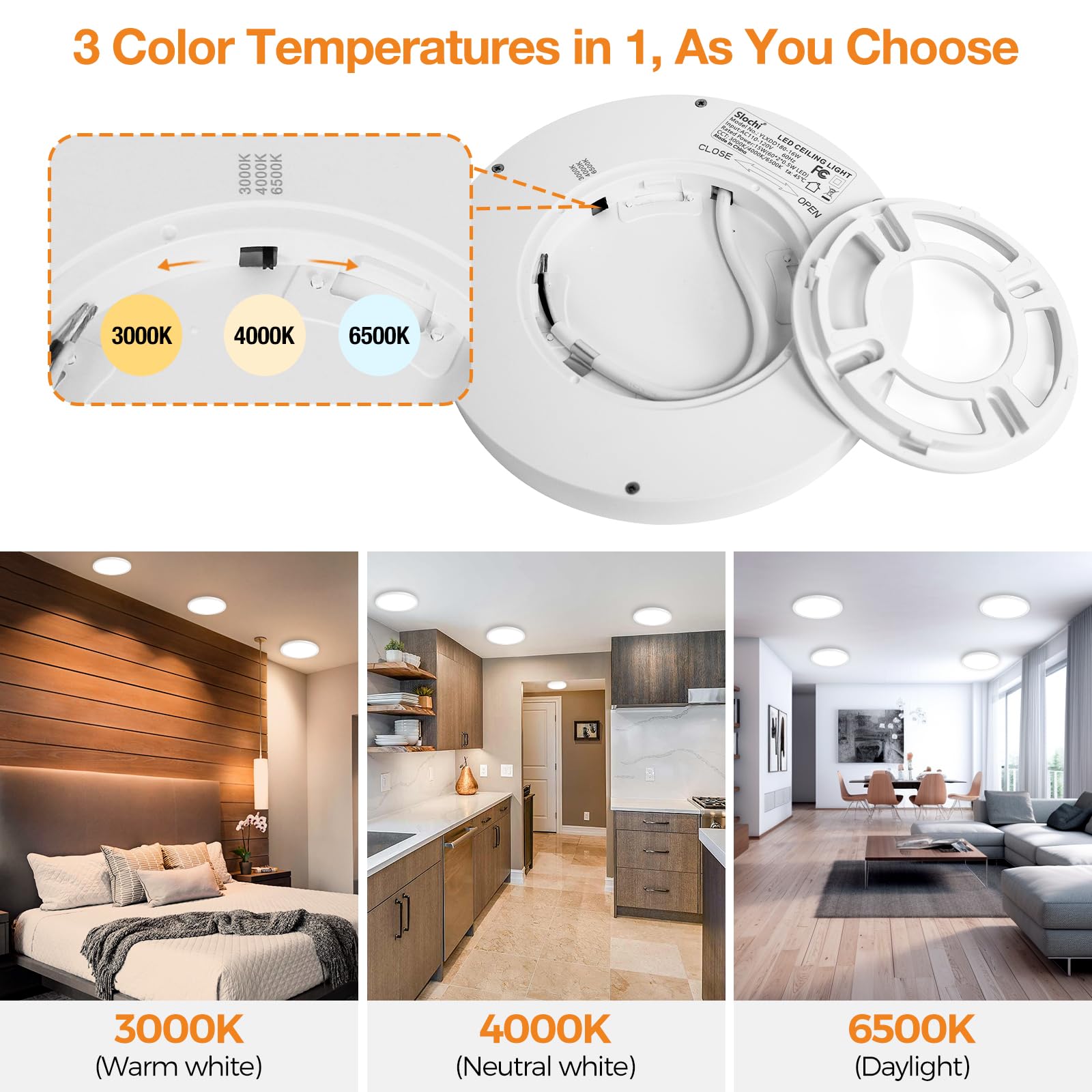 1PACK LED Flush Mount Ceiling Light Fixture, 3000K-4000K-6500K & 100W Equivalent Modern Kitchen Ceiling Lamp 15W 1500Lm 7.5 Inch Closet Round Surface for Bathroom Laundry Bedroom Hallway, Black