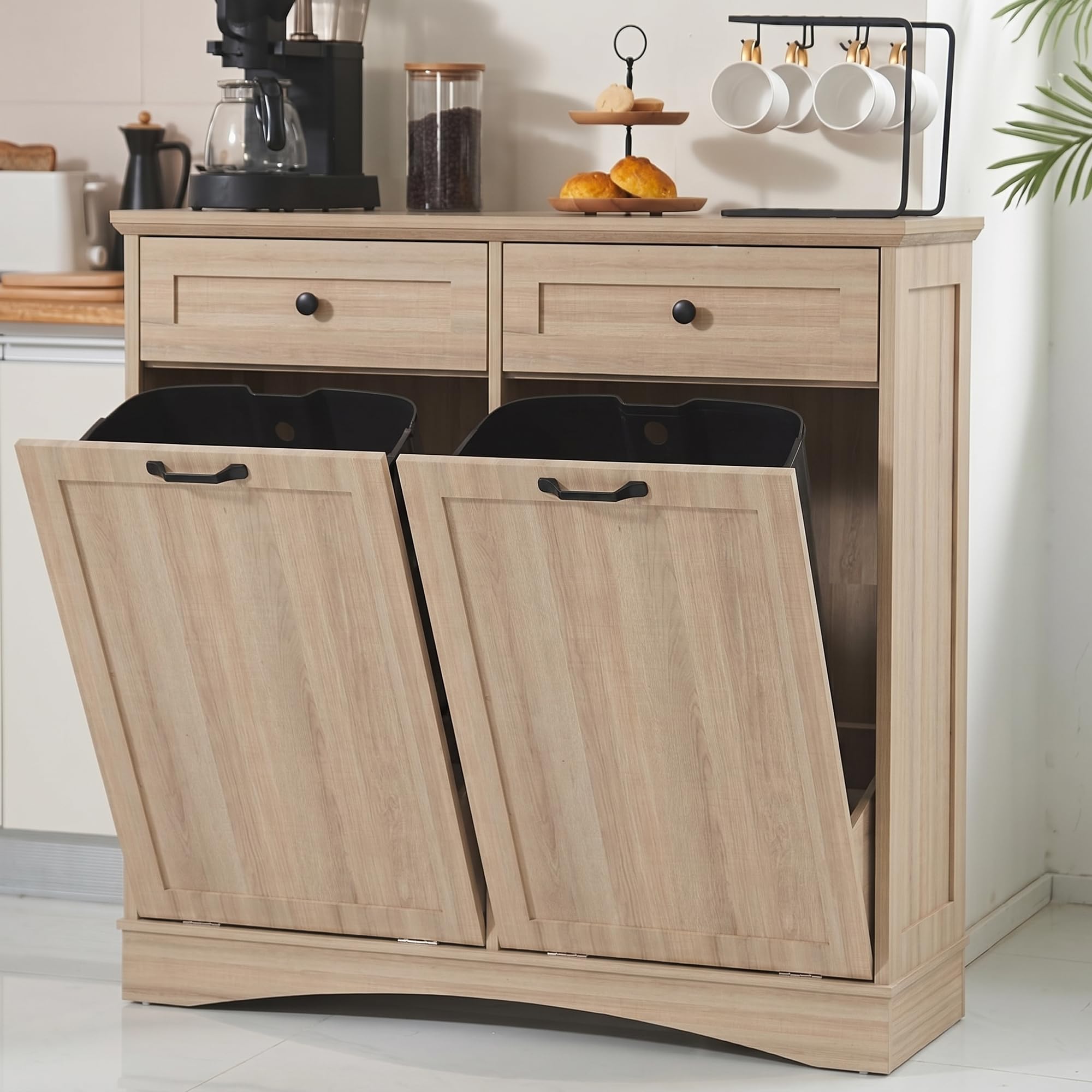 AHB Double Tilt Out Trash Can Cabinet Freestanding Kitchen Trash Can, 2x13 Gallons Hidden Garbage Recycling Cabinet with Hideaway Drawers Pet Proof Trash Can Holder for Kitchen, Antique White