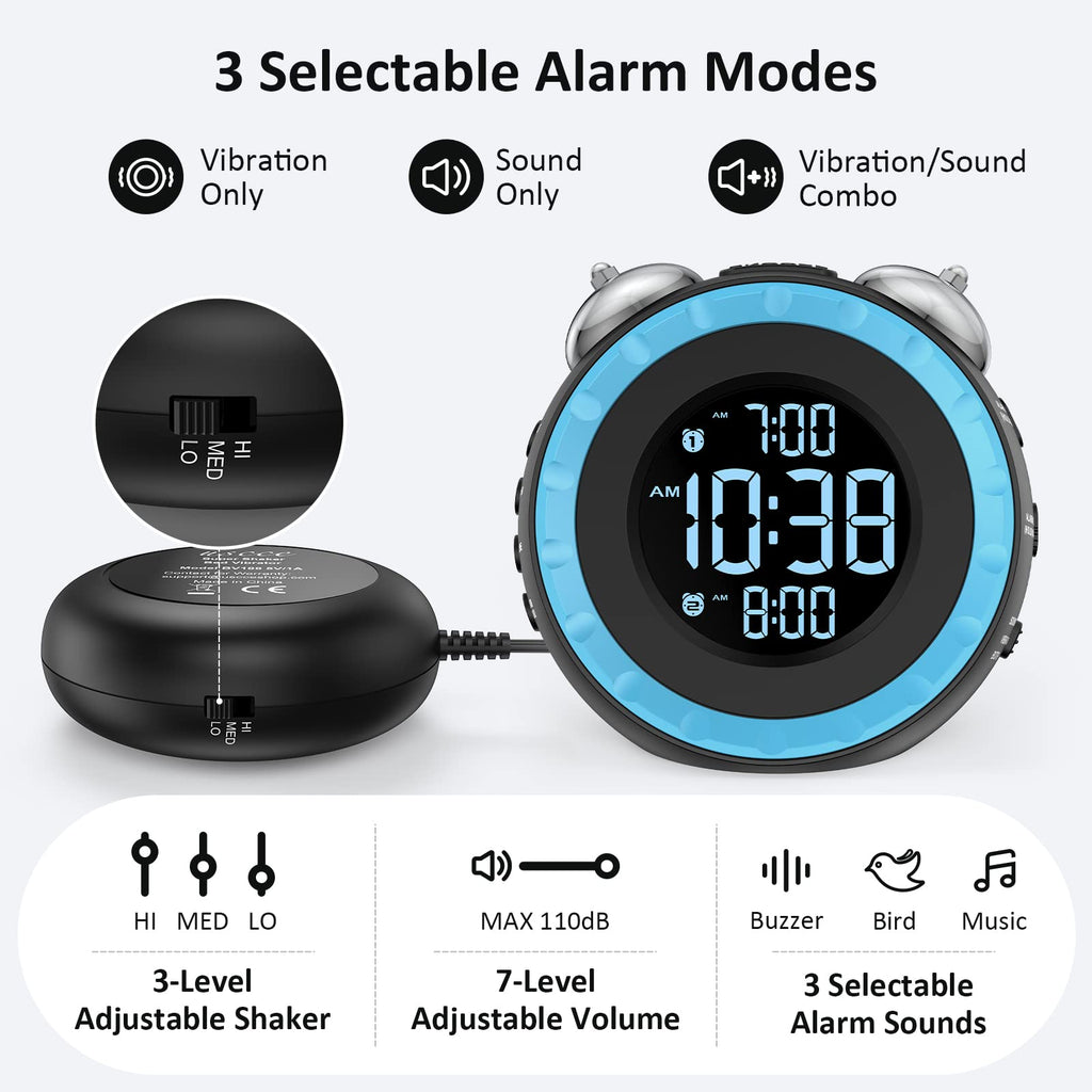 uscce Loud Dual Alarm Clock with Bed Shaker - 0-100% Dimmer, Vibrating Alarm Clock for Heavy Sleepers or Hearing Impaired, Easy to Set, USB Charging Port, Snooze, Battery Backup