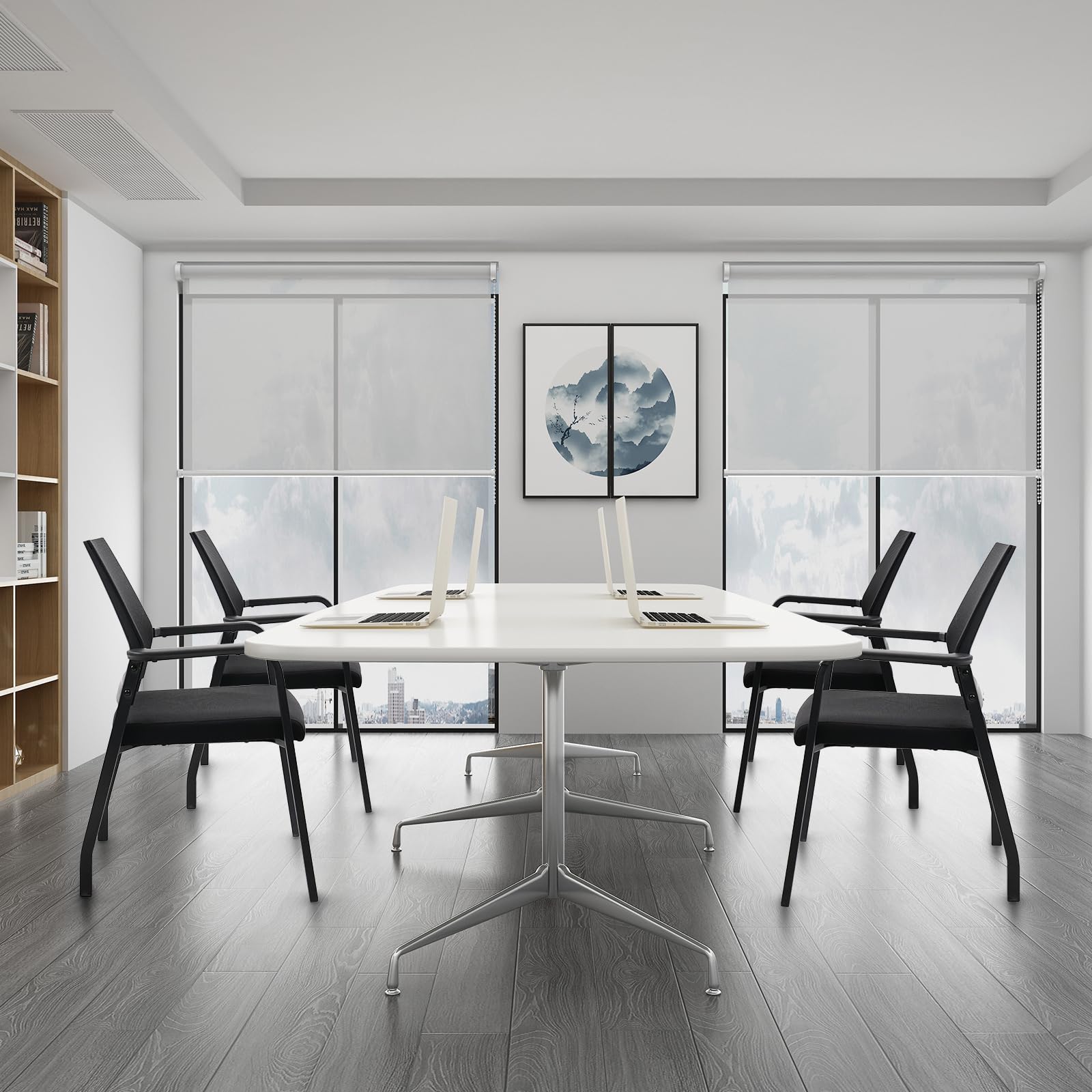KLASIKA Desk Chair No Wheels with Adjustable Mesh Backrest, Arm Chair with Ergonomic Lumbar Support and Thickened Seats Cushion, Waiting Room Chairs for Office School Church Guest Reception