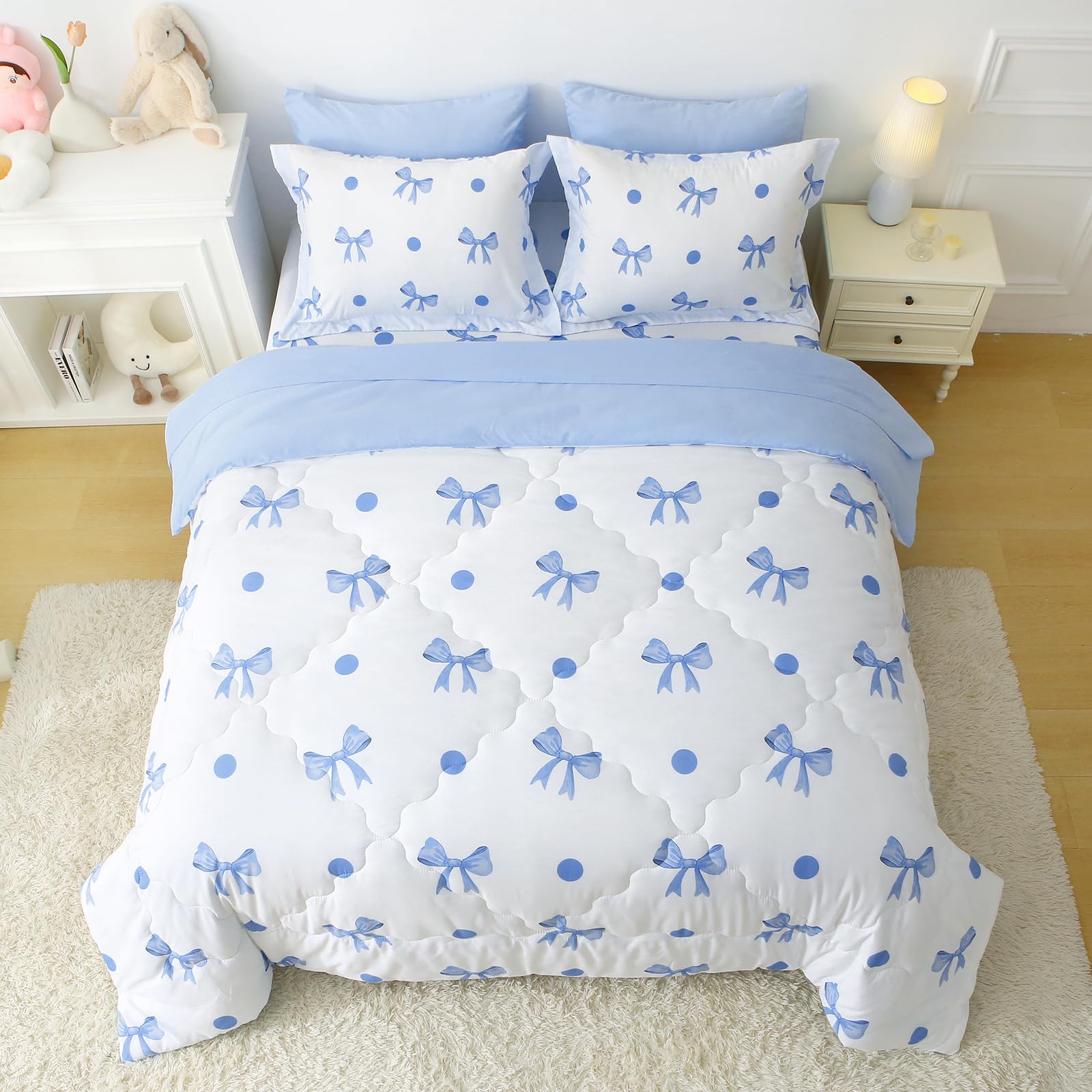 Wajade 7 Piece Blue Bow Comforter Set for Girls Kids Twin Size Bedding Set with Sheet and 2 Pillowcases 2 Pillow Shams Cute Girls Bed in a Bag as Birthday Choice