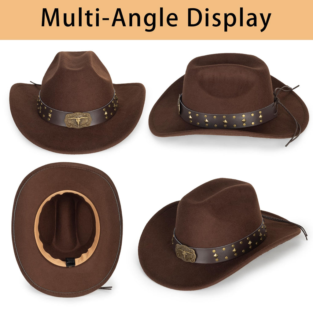 Eohak Womens Western Cowboy Hats Studded Pinched Western Cowgirl Hats Wide Brim Fedoras Hat with Belt Buckle (Size:Medium)