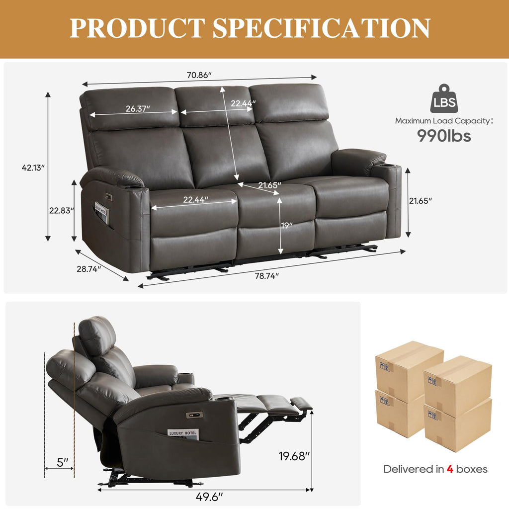 Power Reclining Sofa - 3 Seater Recliner Sofás, PU Leather Sofa, Home Theater Seating with Flipped Middle Backrest, Power Recliner Couch for Living Room(Brown)