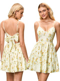 HTZMO Women Casual Summer Floral Mini Sundress V Neck Bow Tie Backless Flowy Cute Graduation Boho Beach Short Dress