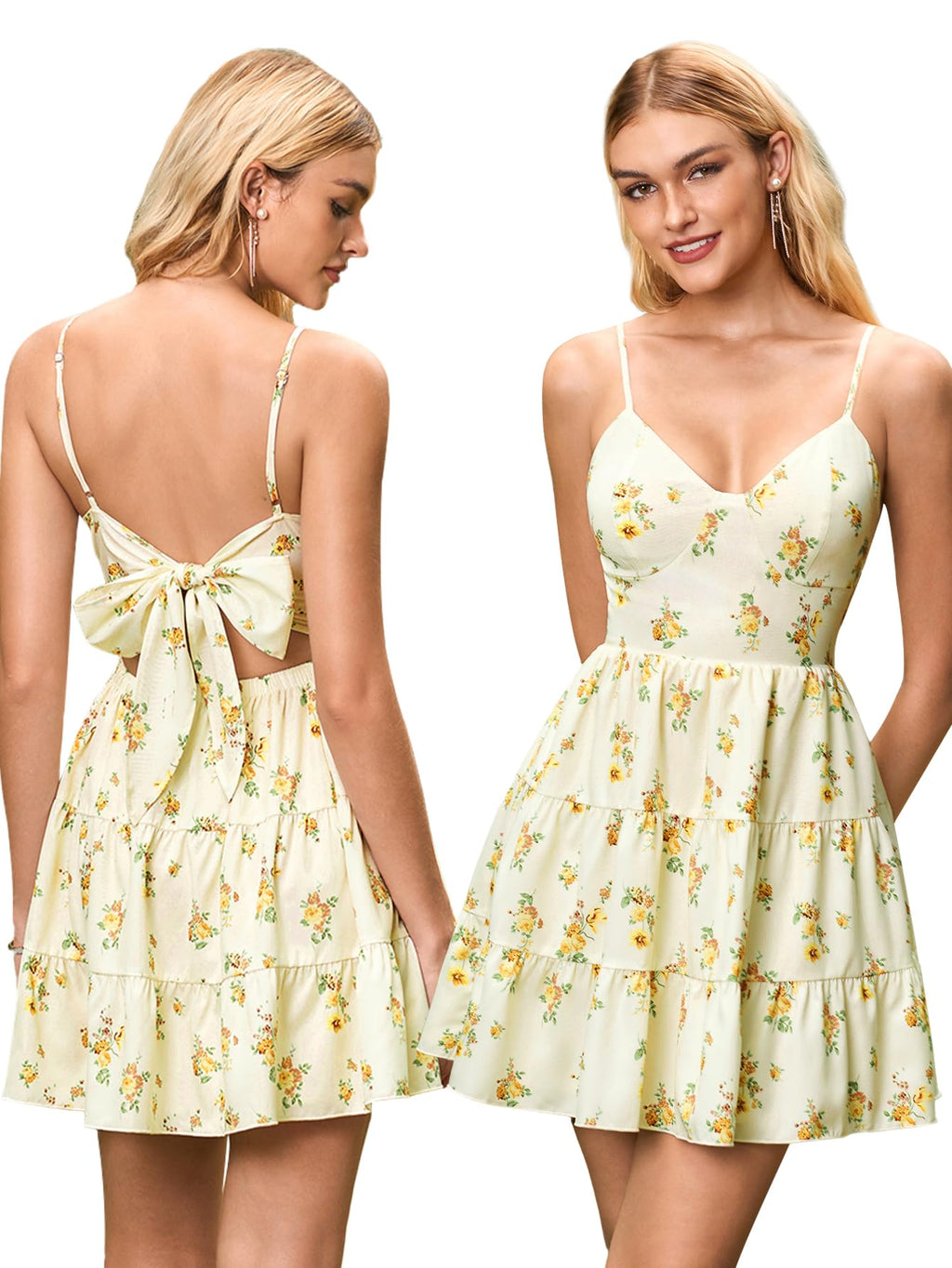 HTZMO Women Casual Summer Floral Mini Sundress V Neck Bow Tie Backless Flowy Cute Graduation Boho Beach Short Dress