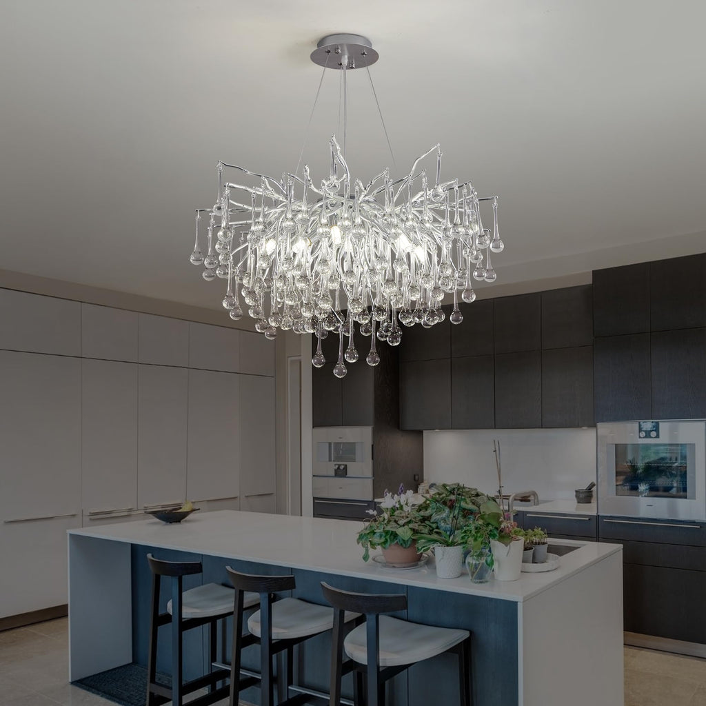 Modern Crystal Raindrop Chandelier, L40'' Black Linear Rectangle Art Deco Tree Branch Lighting Fixture for Kitchen Island Living Room Foyer Staircase 10 Lights