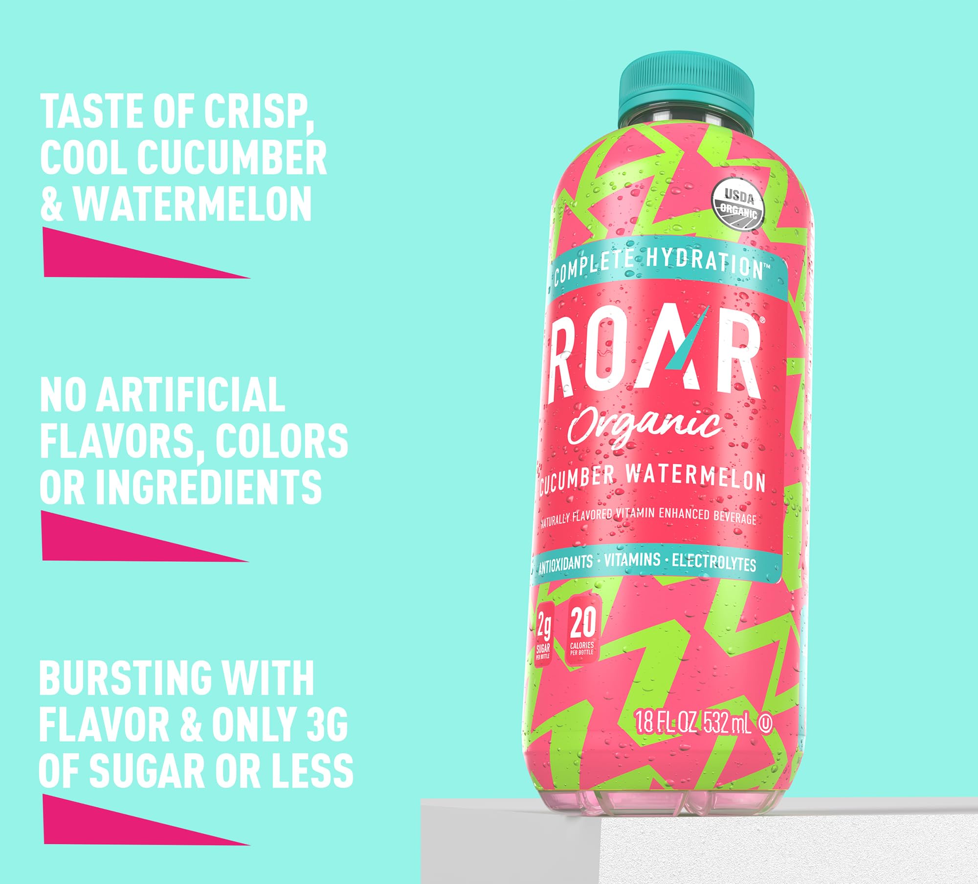 ROAR Complete Hydration Organic - Electrolyte Drinks Loaded with Vitamins C, B5, B12 - Non-GMO, Gluten-Free - Strawberry Lemonade - 12 pc