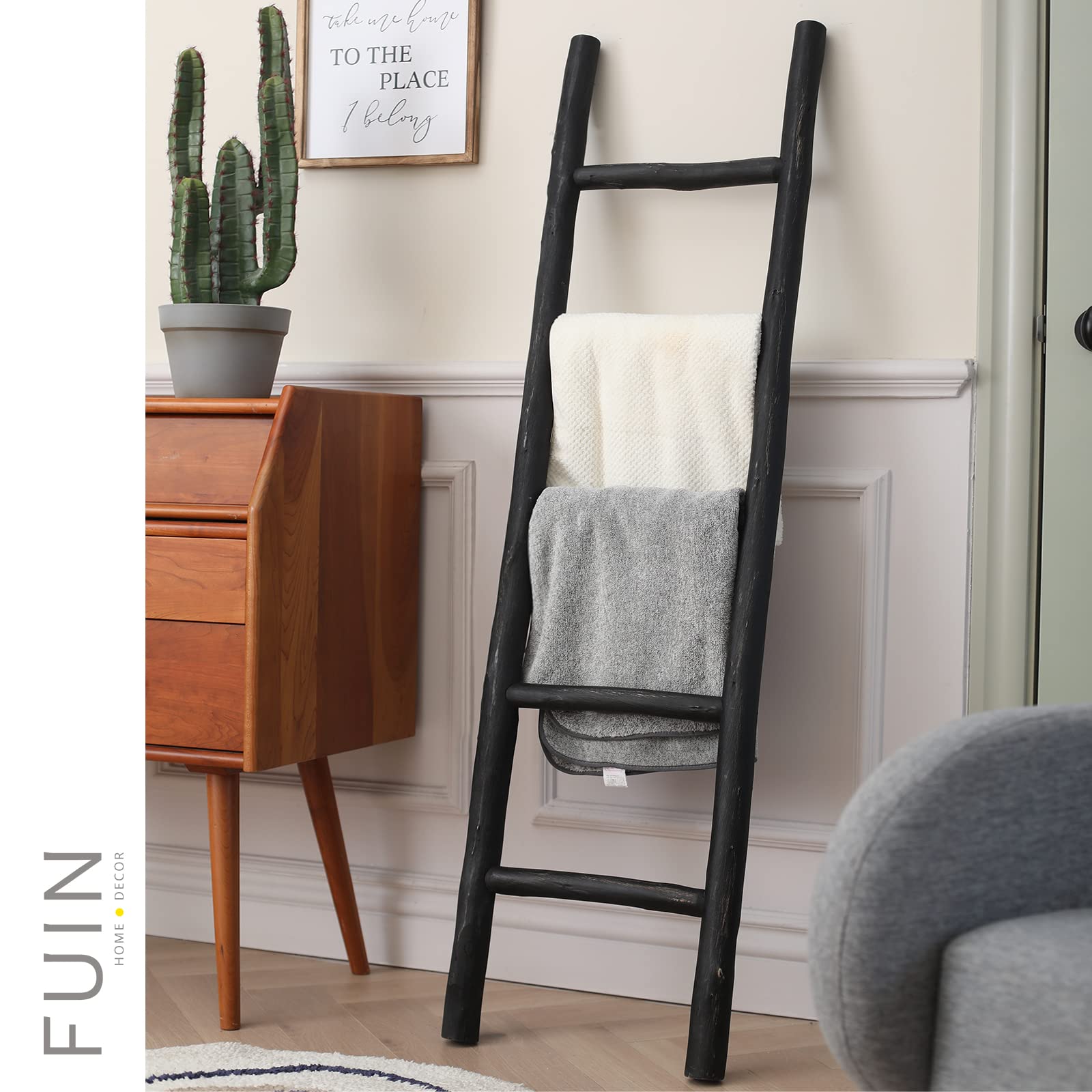 FUIN 57in Wood Blanket Ladder Living Room Decorative Wall Leaning Farmhouse Quilt Display Holder Rustic Wooden Towel Rack for Bathroom, Black