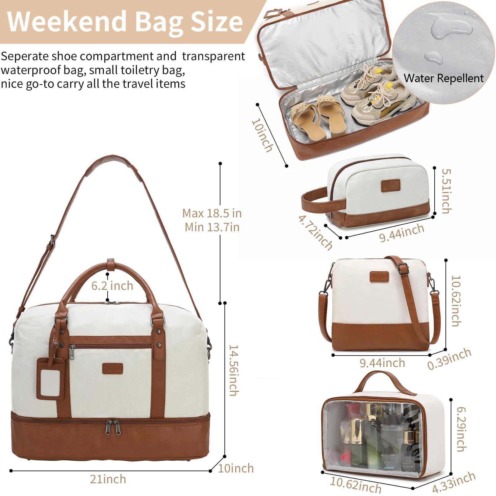 Wogarl 4PCS Weekender Bags for Women Large Overnight Weekend Travel Duffel Carry on Shoulder with Shoe Compartment Canvas Toiletry Bag for Travel Business Gym