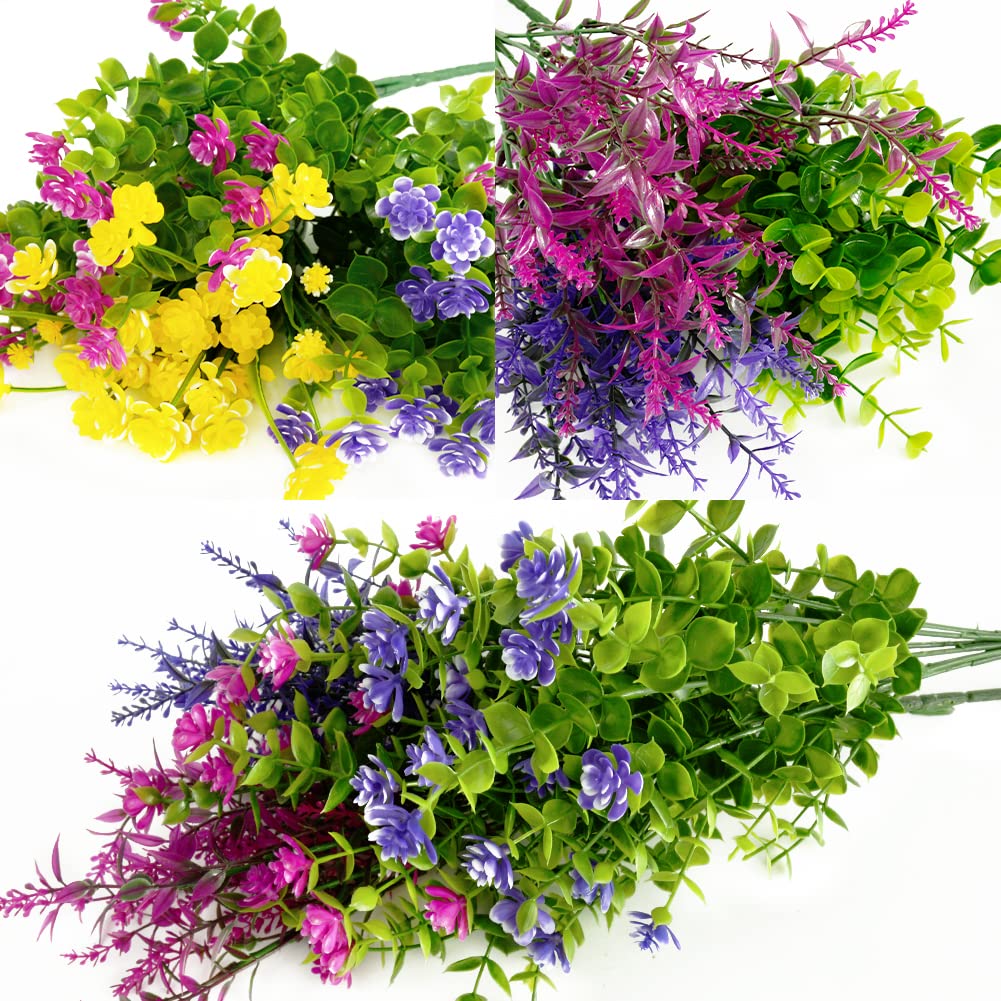 12 Bundles Outdoor Artificial Fake Flowers UV Resistant No Fade Boxwood Faux Plastic Shrubs Plants for Garden Patio Porch Window Box Home Wedding Farmhouse Hanging Décor