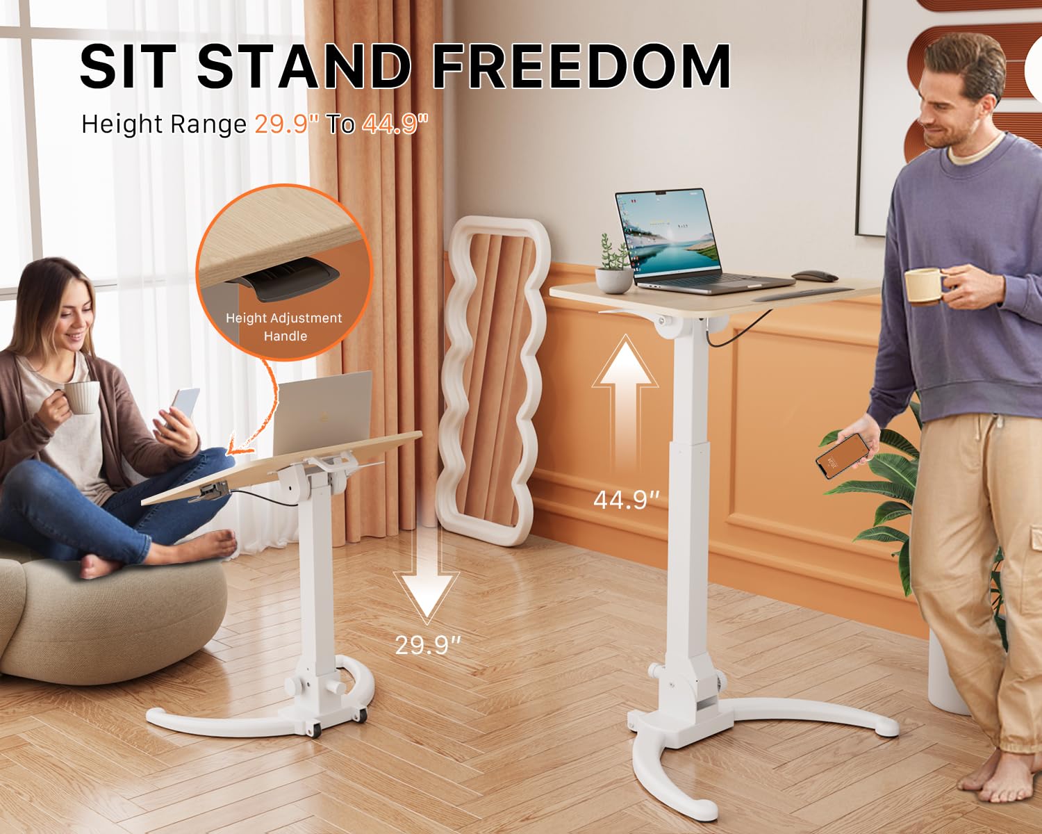 JOY worker Foldable Mobile Standing Desk, Height Adjustable Sit Stand Desk, 90° Tiltable Rolling Laptop Table, Portable Workstation with Non-Slip Mat for Home Office, Holds Up to 22lbs, Black