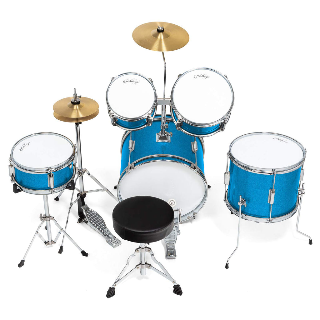 Ashthorpe 5-Piece Complete Kids Drum Set with Genuine Brass Cymbals - Junior Beginner Kit with 16" Bass, Throne, Hi-Hats, Pedals & Drumsticks - Black