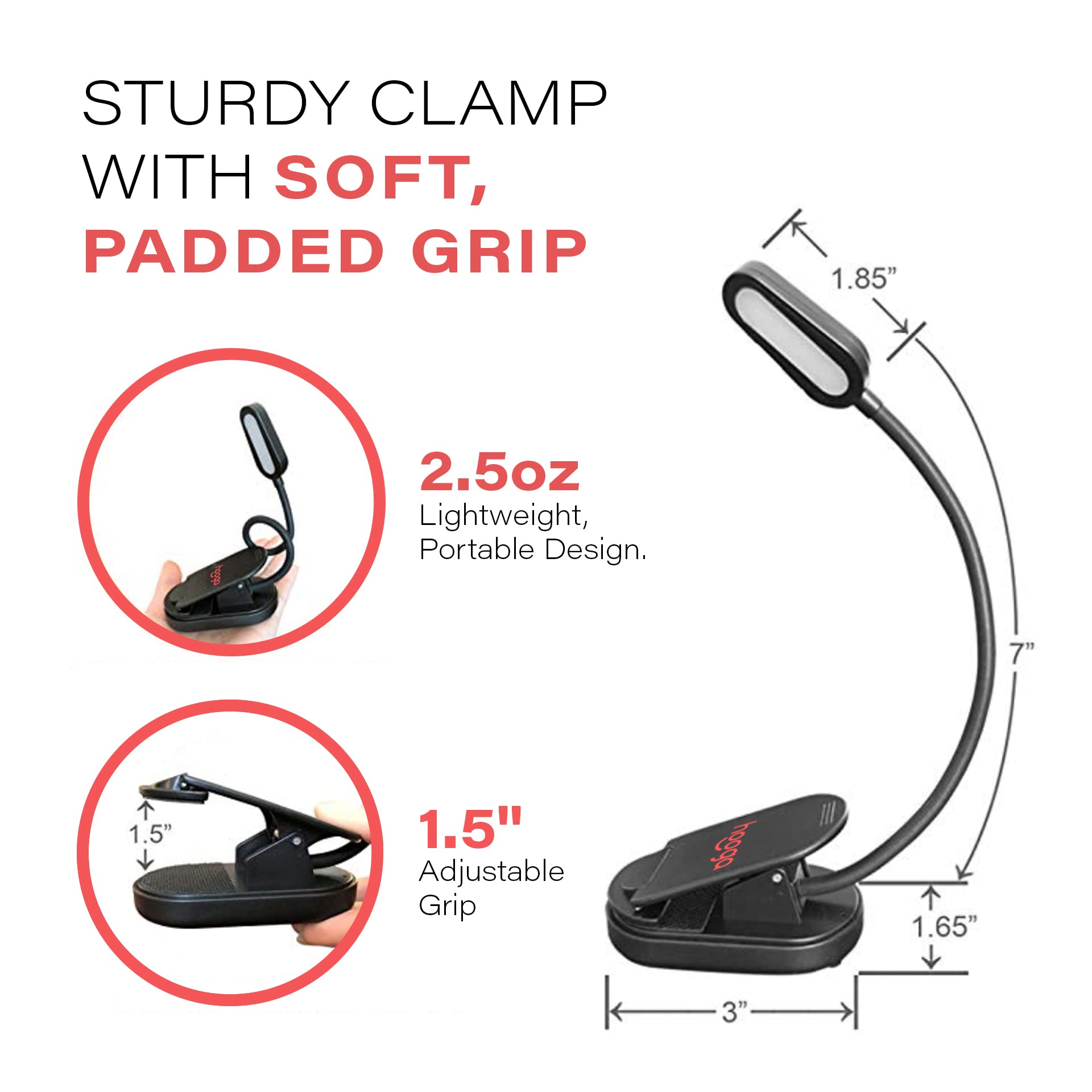 hooga Red Book Light, Rechargeable Clip On 625nm LED Light for Reading in Bed. No Blue Light Emitted, Eye Care Light for Strain-Free, Healthy Eyes. Gift for Students, Kids, Travel, Nursing, Studying.