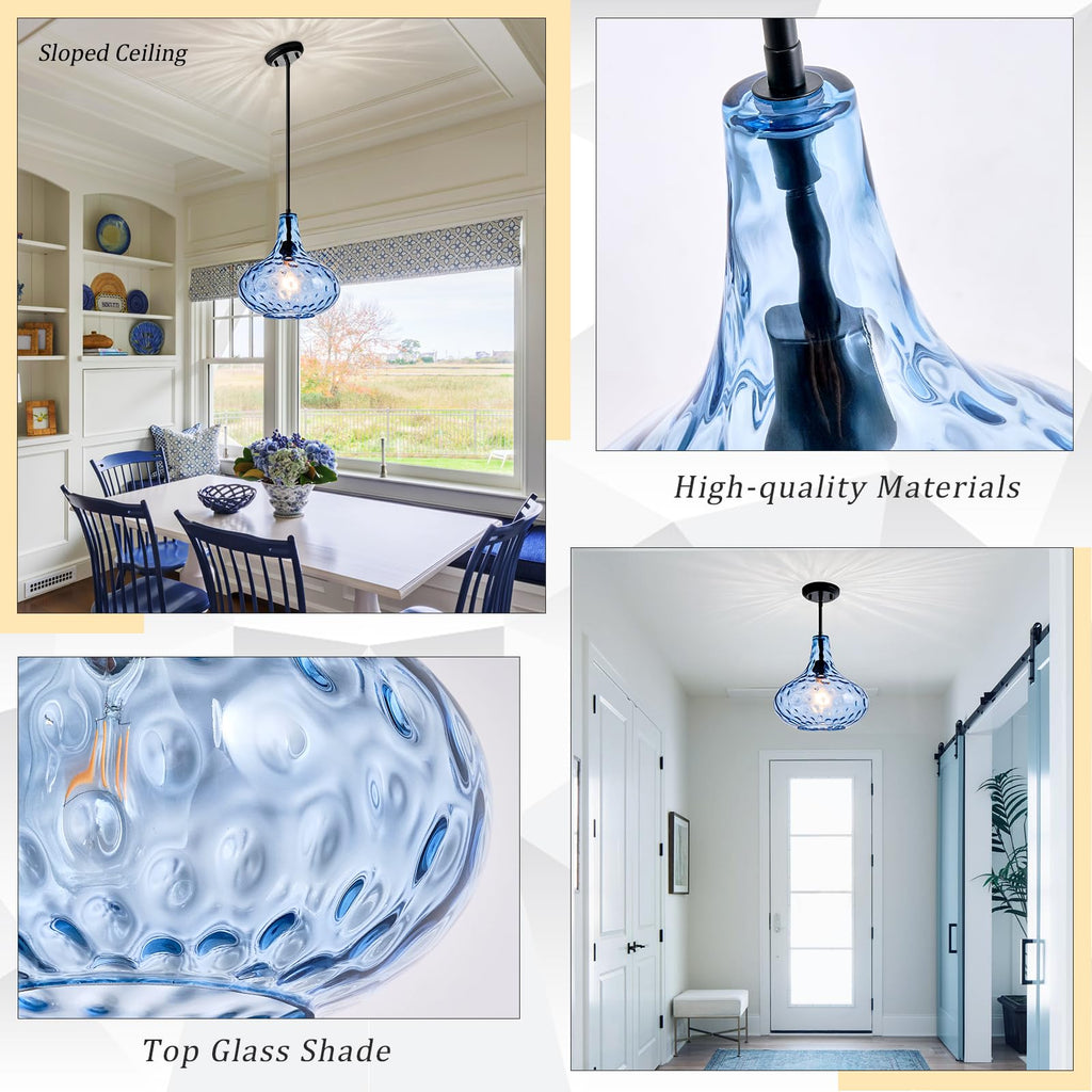 Glass Large Pendant Lights for Kitchen Island Blown Glass Pendant Light Clear Hammered Shade Hanging Ceiling Lights with Black Finish for for Kitchen Island, Sink, Hallway, Living Room 11 inch