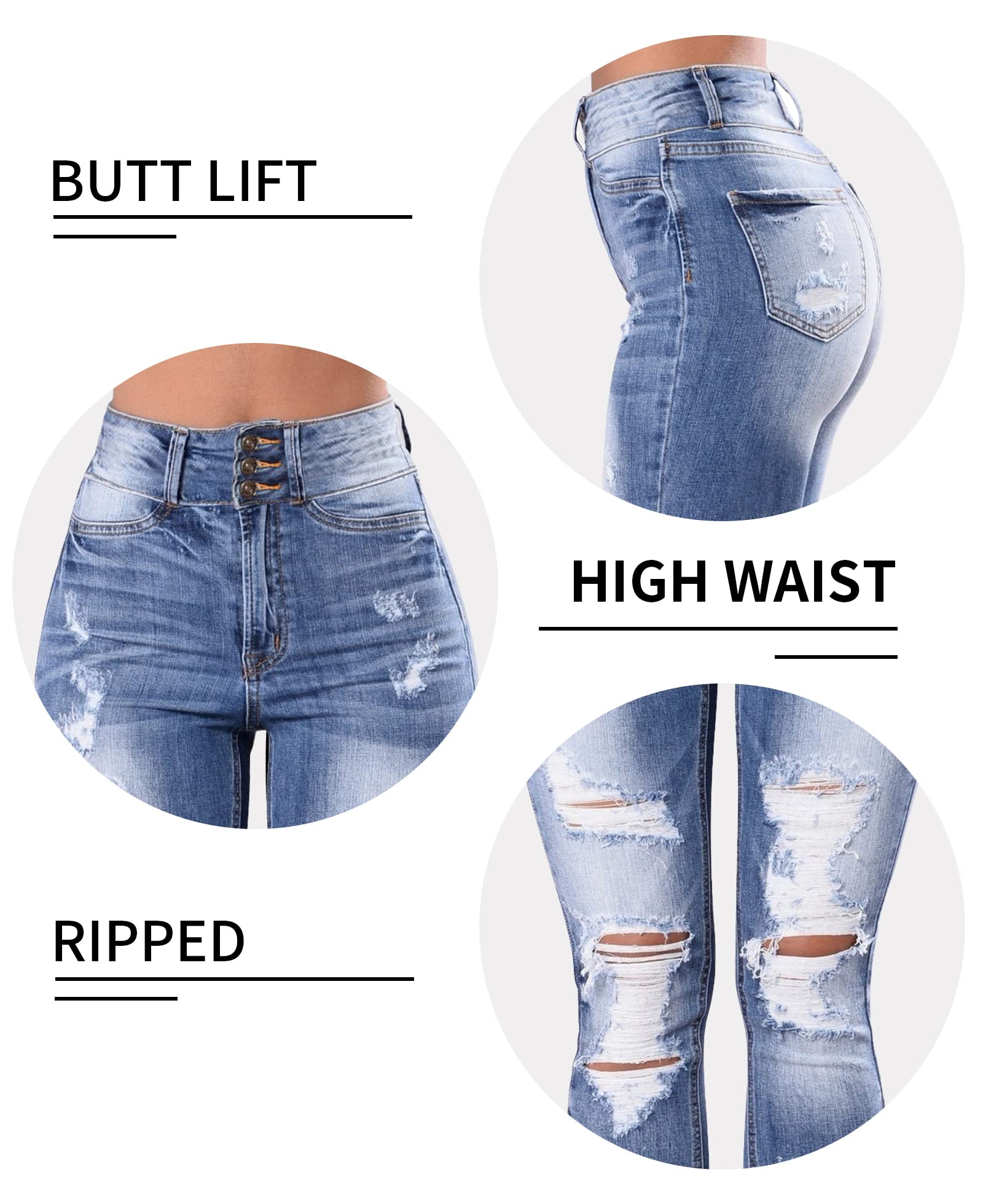 Qazel Vorrlon Women's High Waisted Jeans for Women Ripped Skinny Stretch Distressed Jeans High Rise Butt Lifting Demin Pants