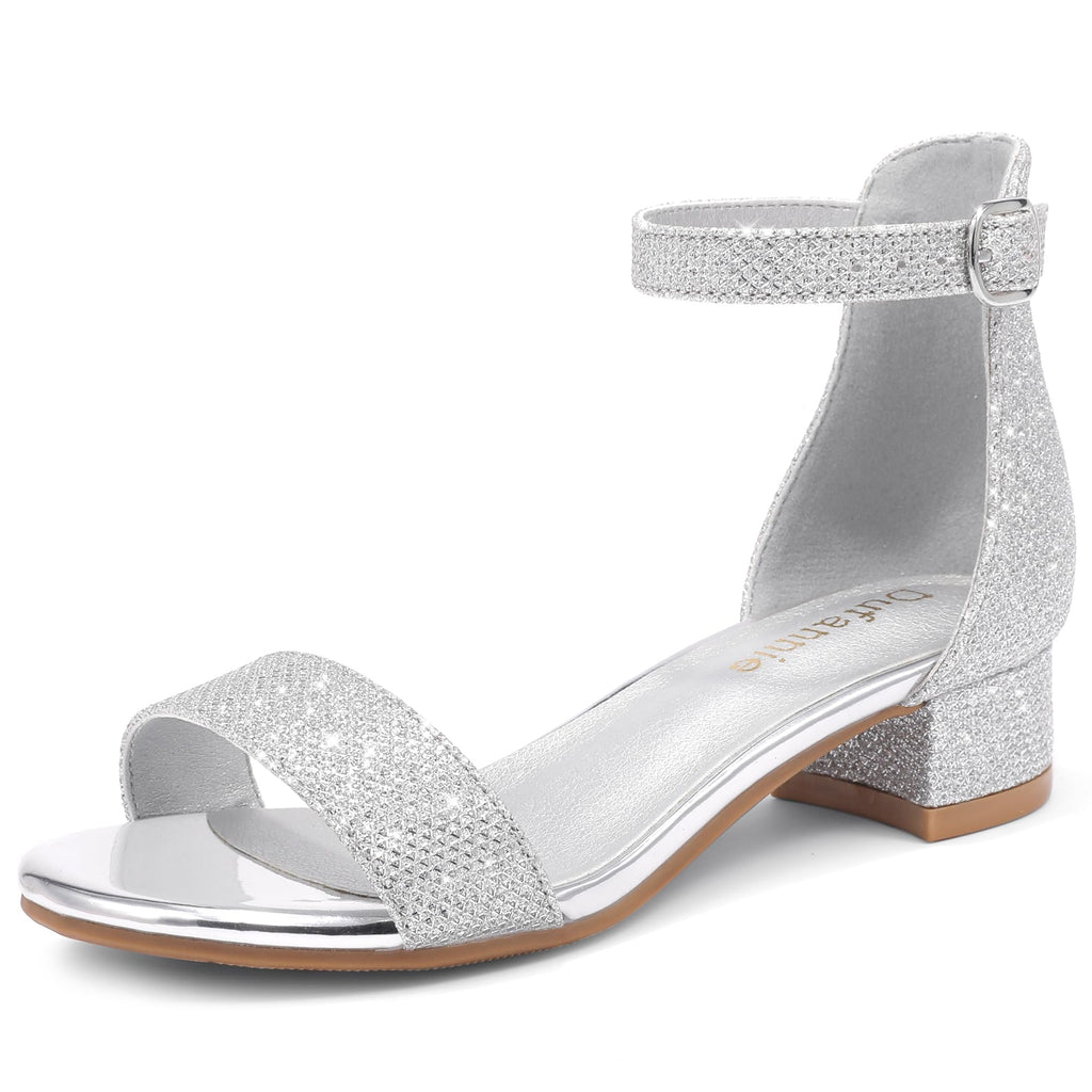 Dufannie Girls Sandals Low Heels Dress Pump Ankle Strap Open Toe Flower Girl Wedding Party for Toddler Little Big Kid