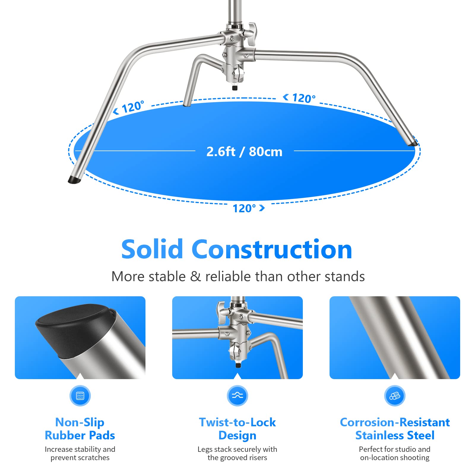 NEEWER Pro 100% Stainless Steel Heavy Duty C Stand with Boom Arm, Max Height 68"/172cm Photography Light Stand with 2.7ft/83cm Holding Arm, 2 Grip Head for Studio Monolight, Softbox, Reflector, SC172