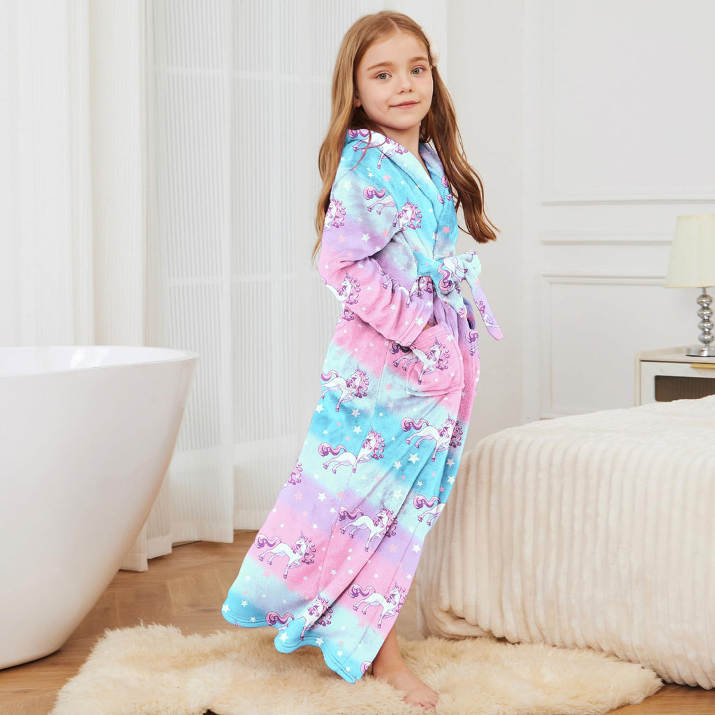 Jxstar Girls Bathrobes Kids Long Hooded Robes Plush Full Length Coral Fleece Pajamas Sleepwear