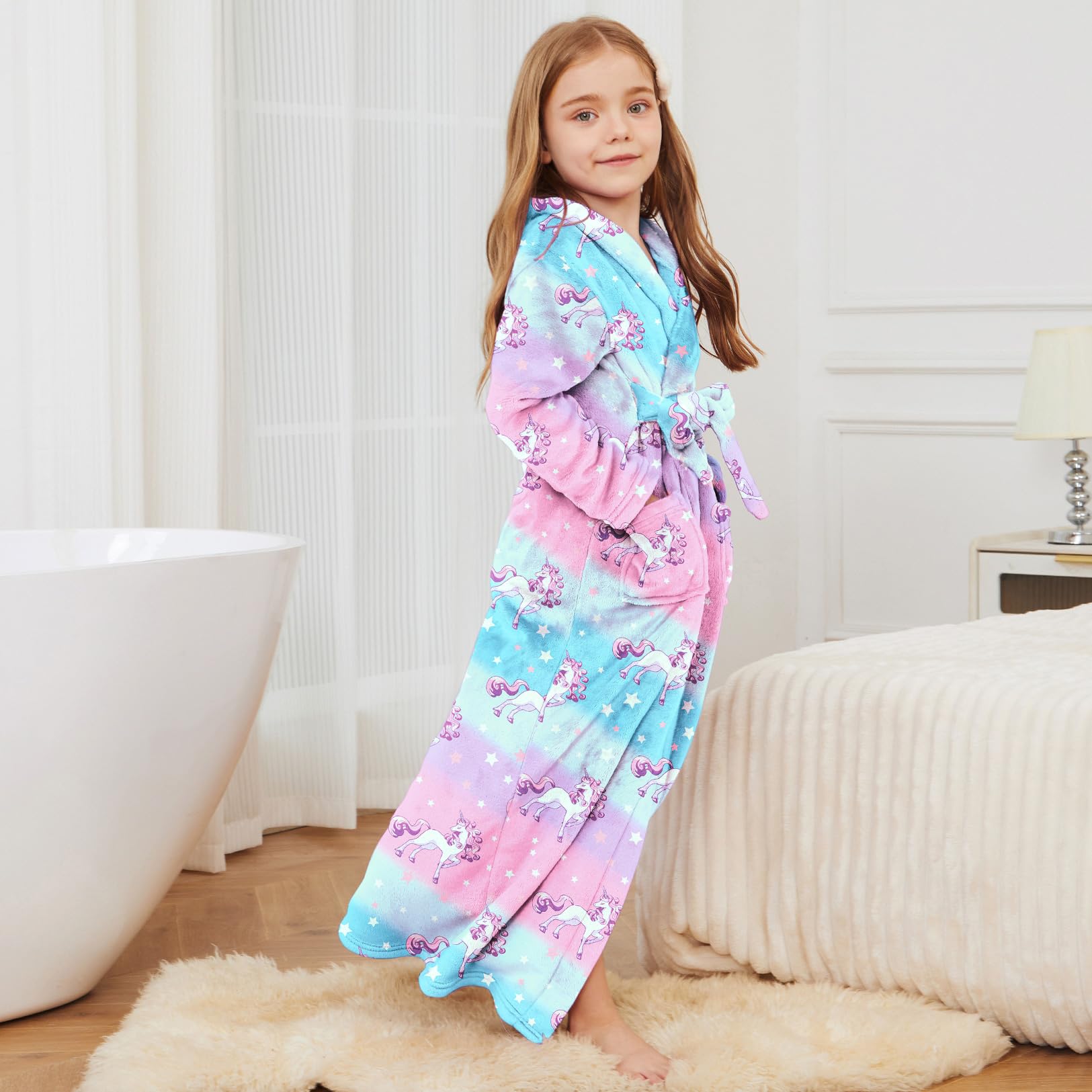 Jxstar Girls Bathrobes Kids Long Hooded Robes Plush Full Length Coral Fleece Pajamas Sleepwear