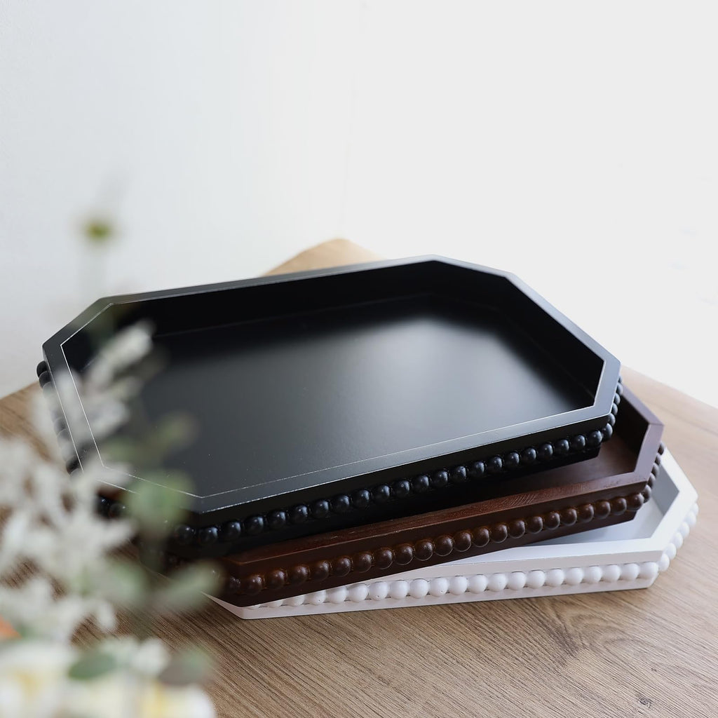 Hrastany Wood Rustic Serving Tray with Beads, Farmhouse Black Decorative Tray for Table Centerpiece, Christmas Wedding Halloween Home Decor