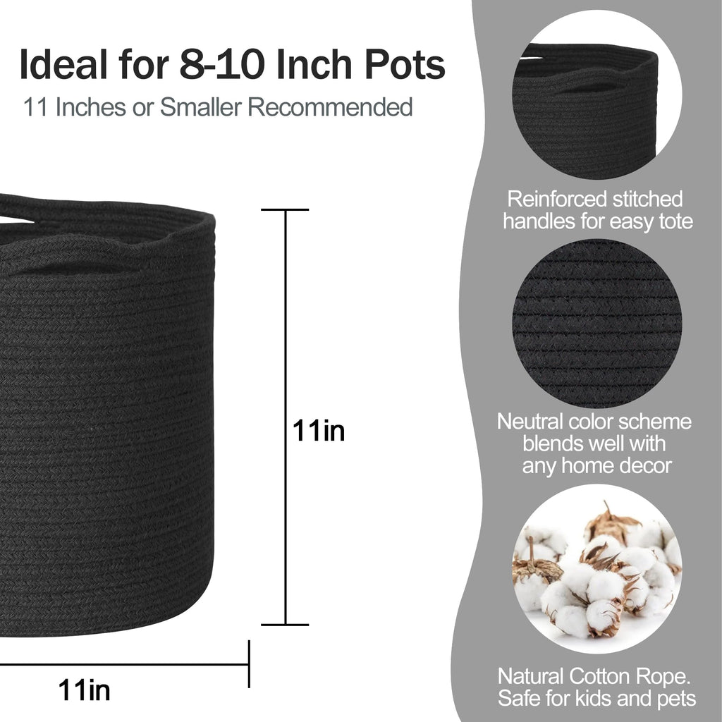 MEGASKET Cotton Rope Plant Basket, Woven Basket Planter for 10 inch Pot, Round Indoor Tree Pot Cover, Small Storage Bin Organizer, Modern Bins for Plants and Home Decor, 11”X11”, Black
