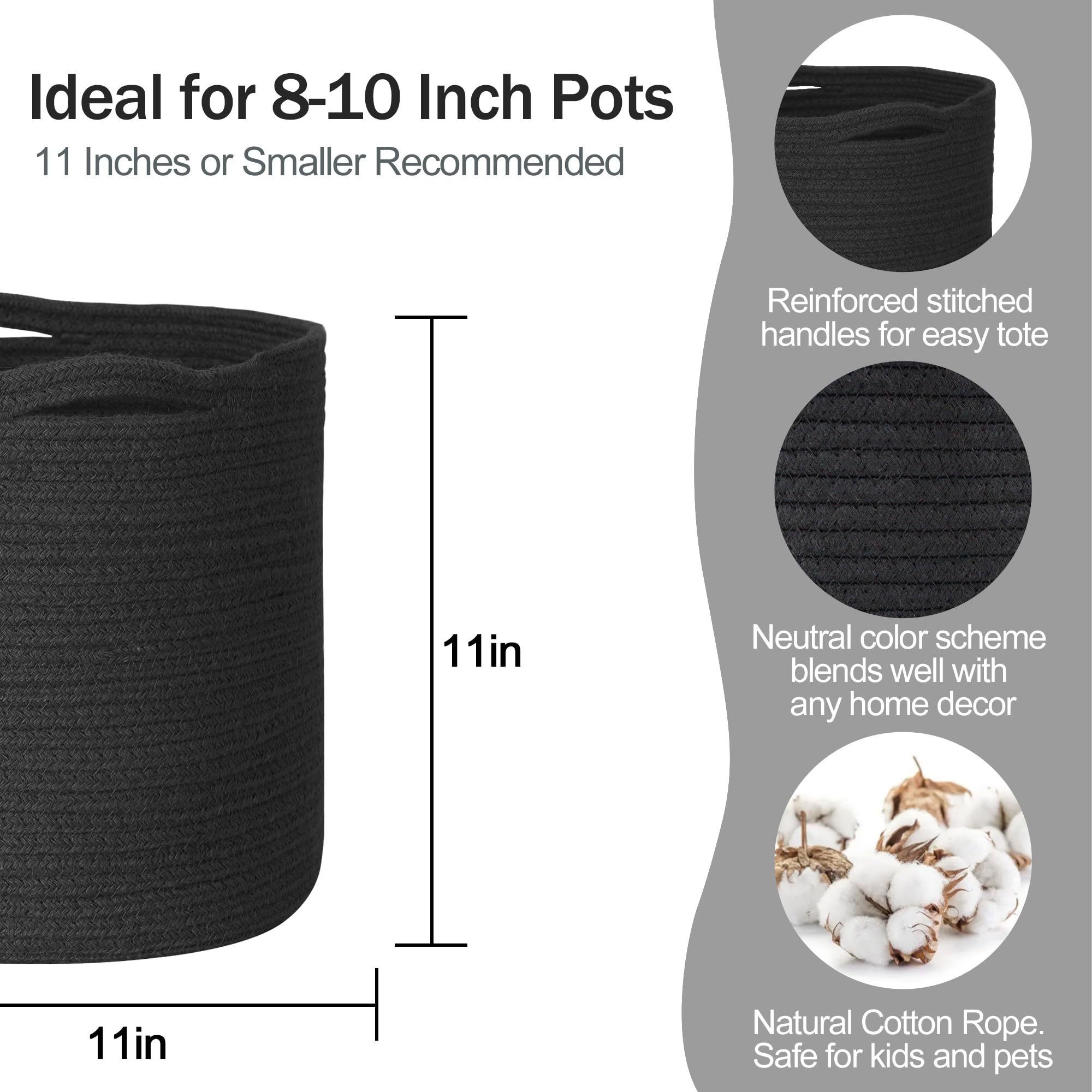 MEGASKET Cotton Rope Plant Basket, Woven Basket Planter for 10 inch Pot, Round Indoor Tree Pot Cover, Small Storage Bin Organizer, Modern Bins for Plants and Home Decor, 11”X11”, Black