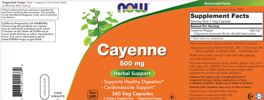 NOW Foods Supplements, Cayenne (Capsicum annuum) 500 mg, Herbal Support, 100 Veg Capsules
