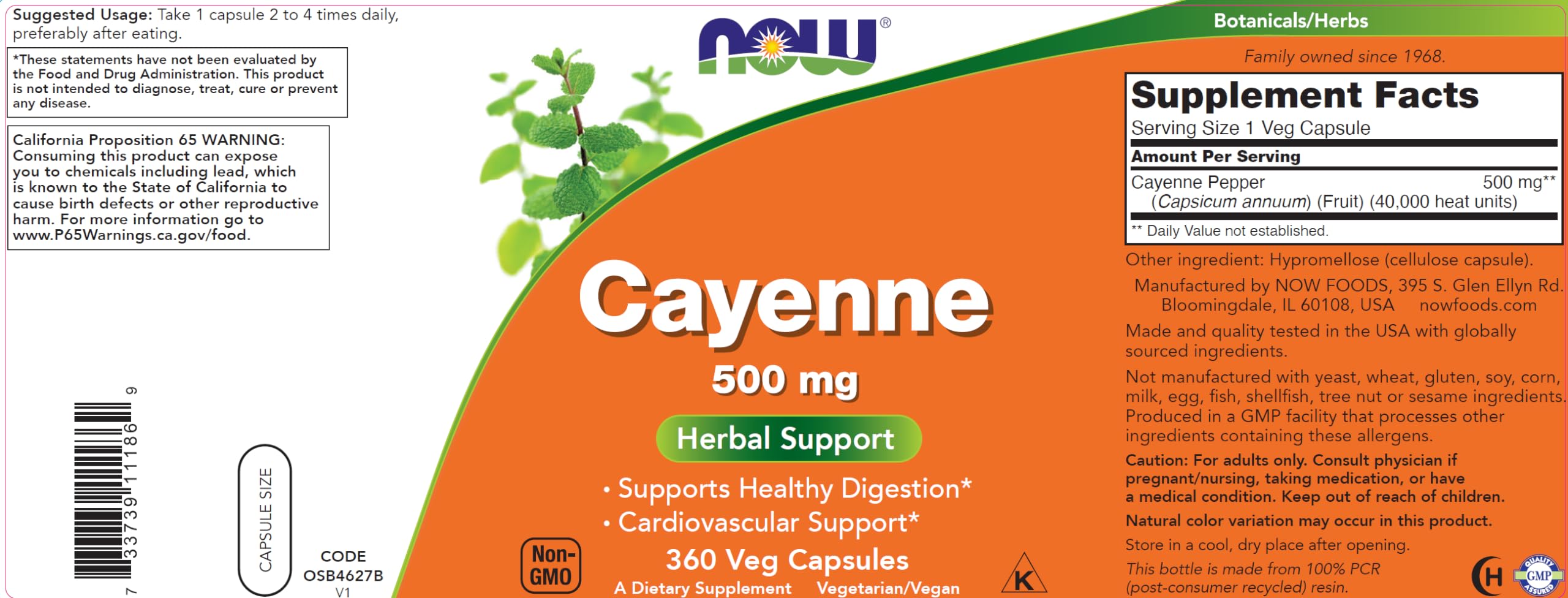 NOW Foods Supplements, Cayenne (Capsicum annuum) 500 mg, Herbal Support, 100 Veg Capsules
