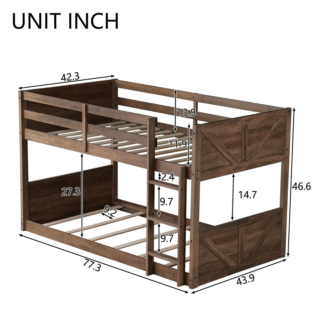 Bunk Bed Twin Over Twin, Wood Low Profile Floor Twin Bunk Beds with Headboard Ladder Guardrails for Kids Boys and Girls, No Box Spring Needed