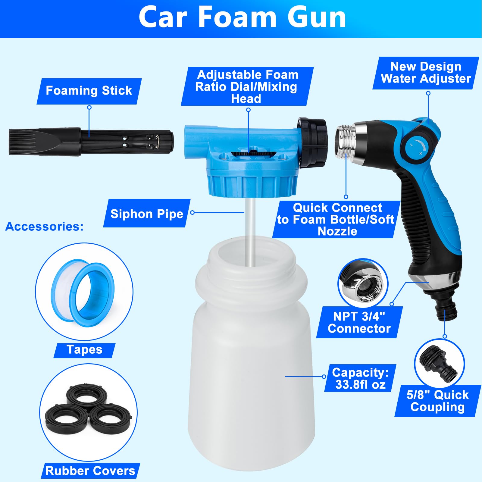 THINKWORK Car Wash Kit, Car Detailing Kit with Foam Gun, Car Wash Brush Mop and Large Folding Bucket Suitable for Car Cleaning, Blue Car Wash Set Gift for Men and Women