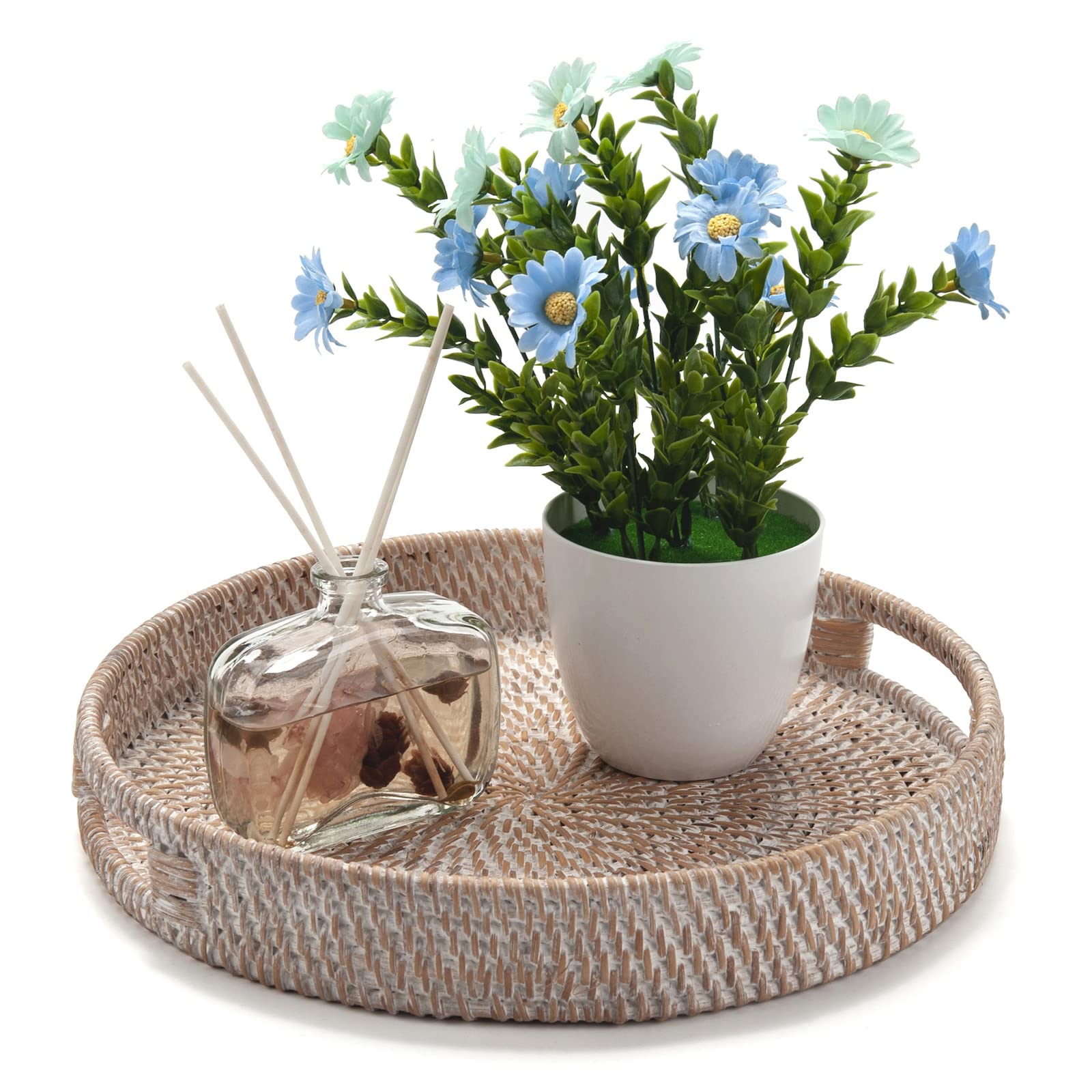 Round Rattan Serving Tray Decorative Woven Ottoman Trays with Handles for Coffee Table Natural (Small 11.8 inch x 2 inch)