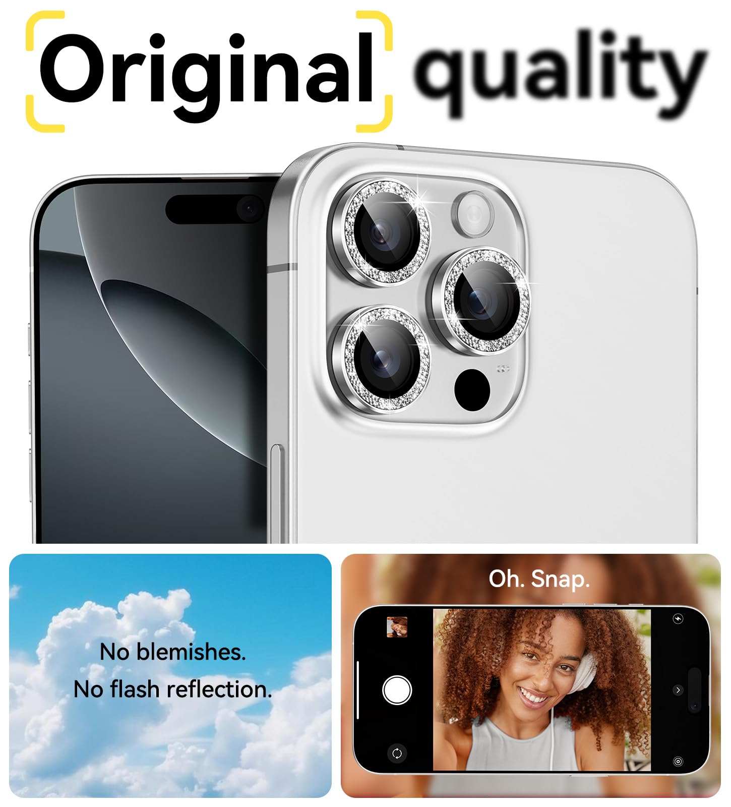 Matekxy Glitter Camera-Lens Protector for iPhone-16 Pro-Max - 16 Pro Anti-Scratch Tempered Glass with Aluminum Edging, Cute Girly Metal Individual Bling Ring Cover for Women, Black Titanium