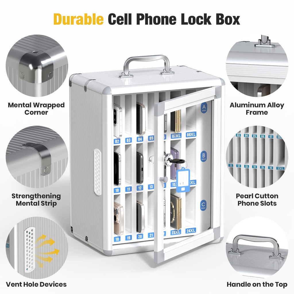 Glosen Cell Phone Locker 24 Slots, Portable Phone Storage Cabinet [Wall Mounted] [Silver 24 Slots-Universal Key ] Aluminum Alloy Cellphone Lock Box with Key & Handle for School Classroom Office Exam