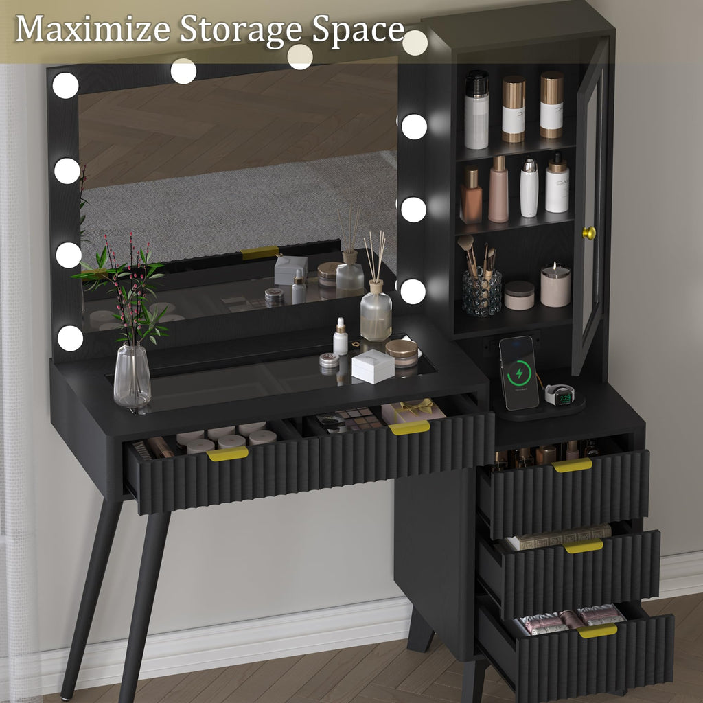 BORNOON 45” Fluted Makeup Vanity Desk with Mirror and Lights, Glass Top Dressing Table with 5 Drawers, LED Lighted Adjustable Cabinet, Trays & Charging Station for Bedroom Dressing Room
