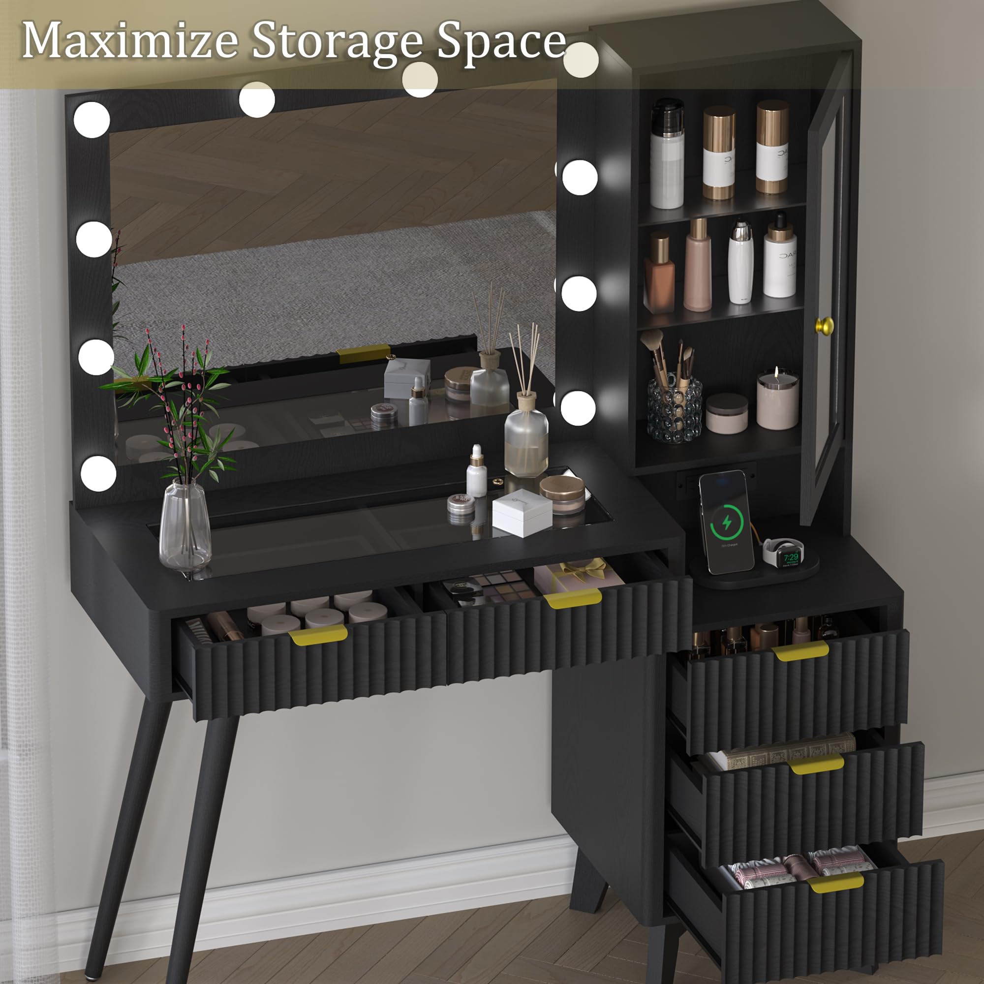 BORNOON 45” Fluted Makeup Vanity Desk with Mirror and Lights, Glass Top Dressing Table with 5 Drawers, LED Lighted Adjustable Cabinet, Trays & Charging Station for Bedroom Dressing Room